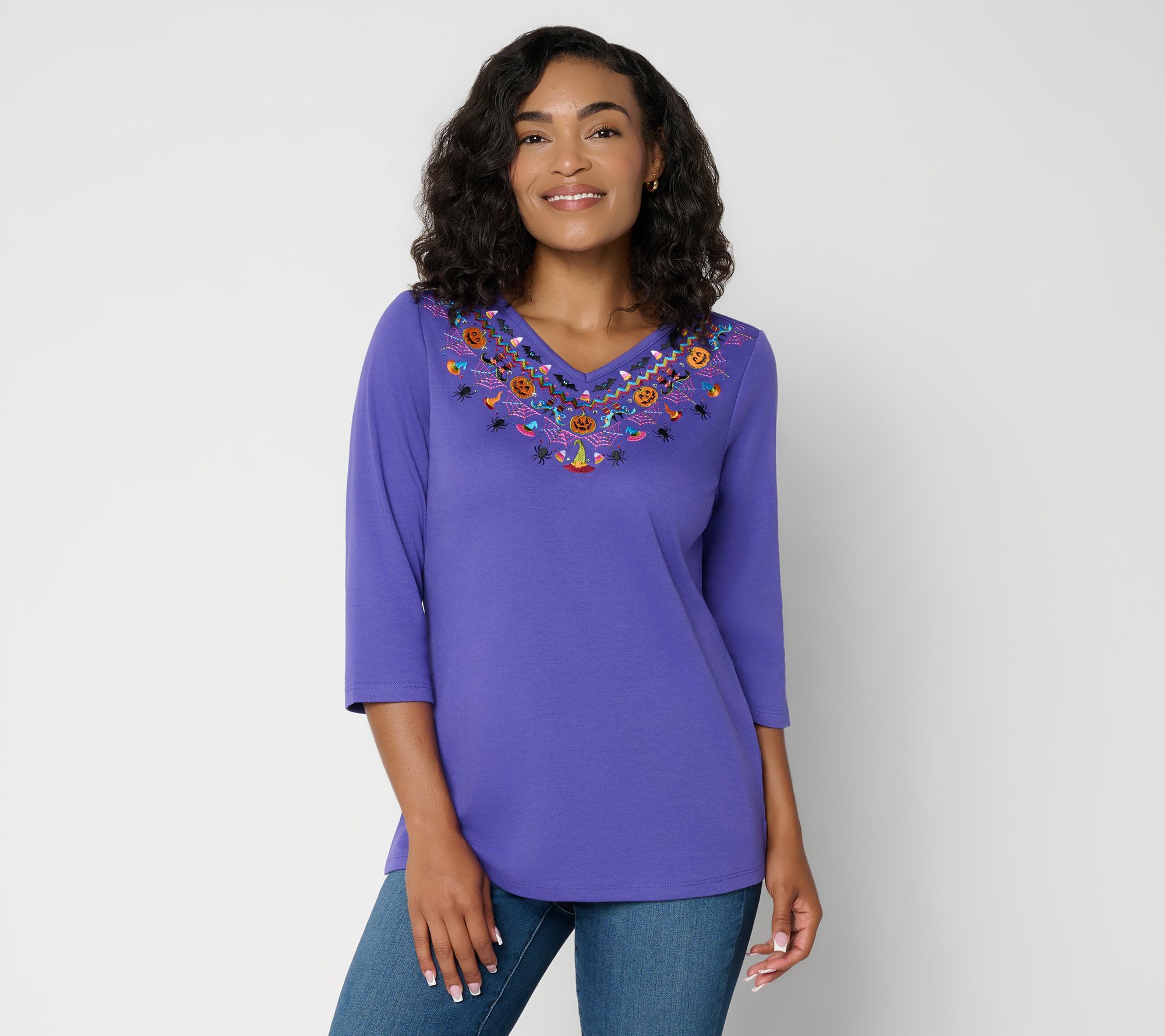 Quacker Factory Scare Isle V Neck 3/4 Sleeve Top