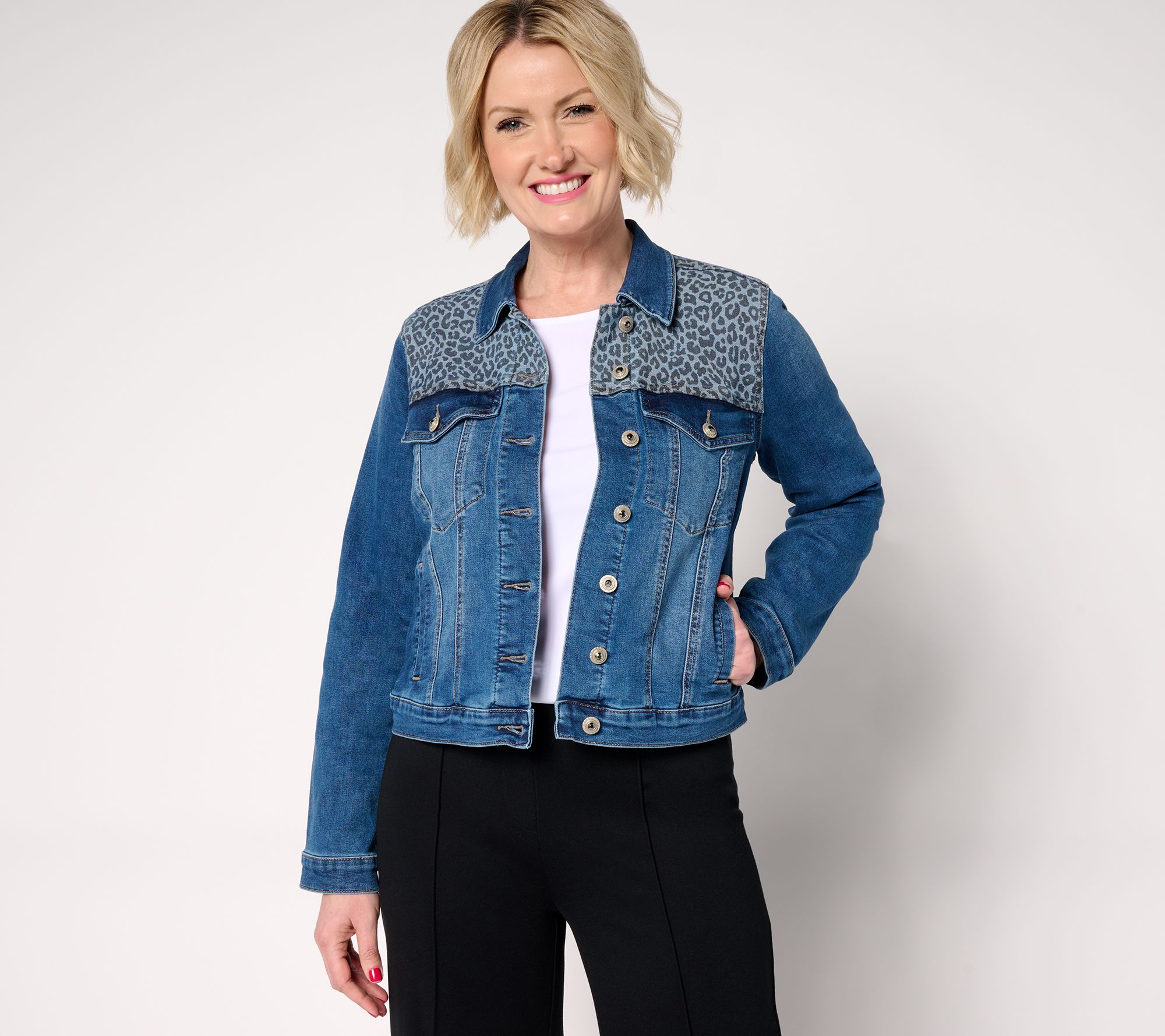 "As Is" nicole by Nicole Miller Printed Yoke Stretch Denim Jacket