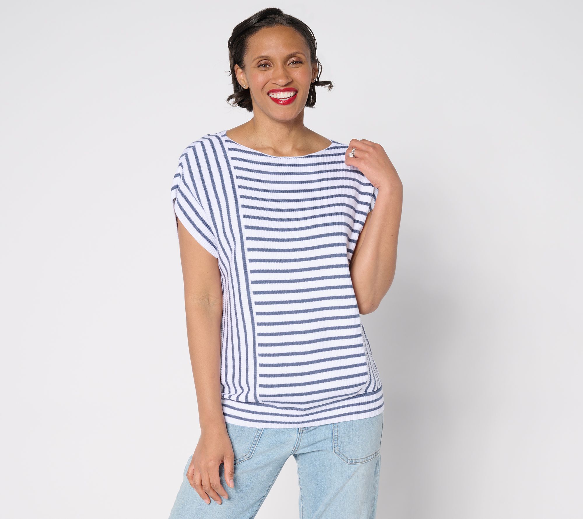 "As Is" AnyBody Boat Neck Mixed Stripe Cotton Sweater