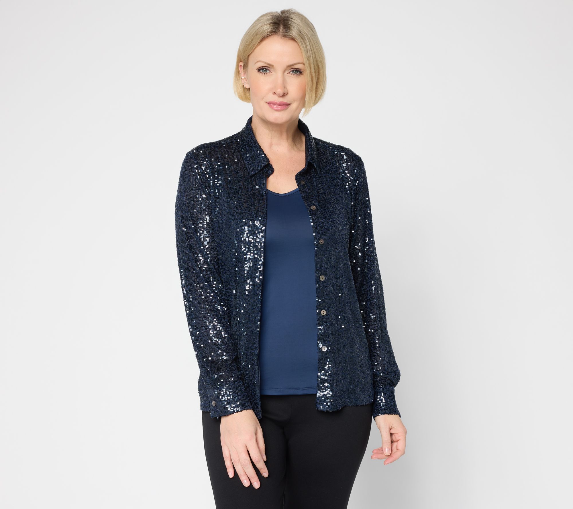 Susan Graver Occasions Sequin Fringe Button Front Top with Cami