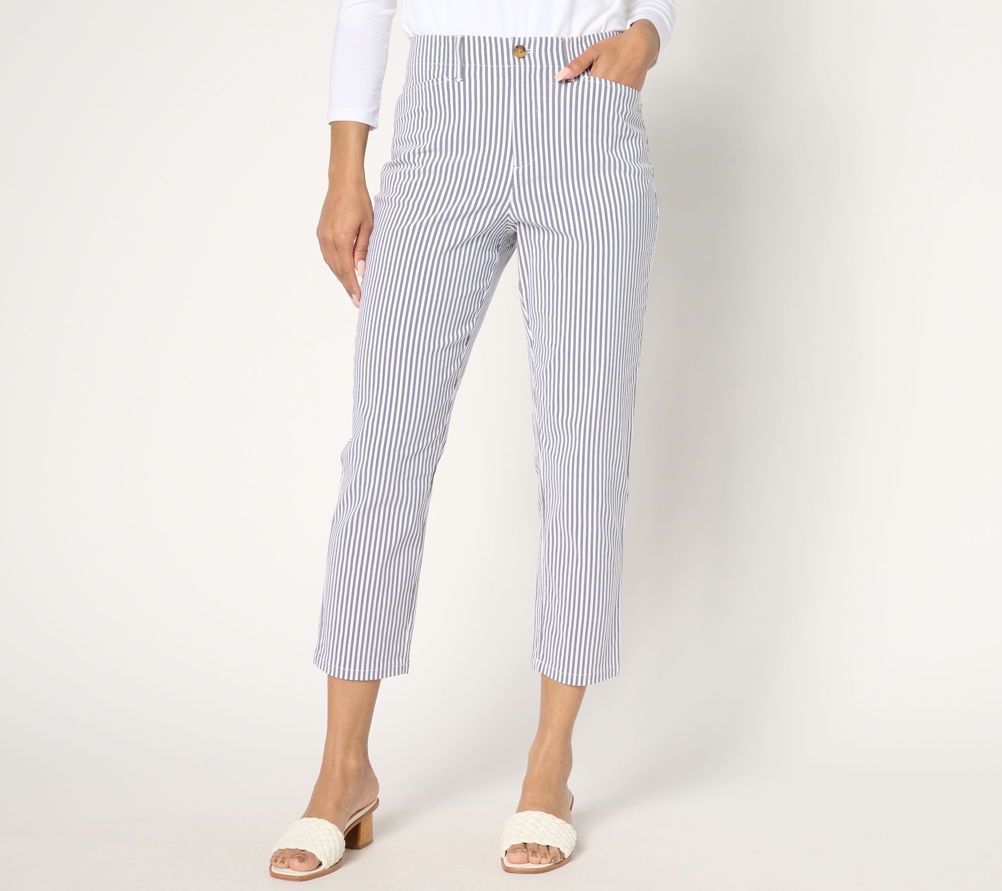 "As Is" Joan Rivers Petite Striped Stretch Seersucker Crop Pants