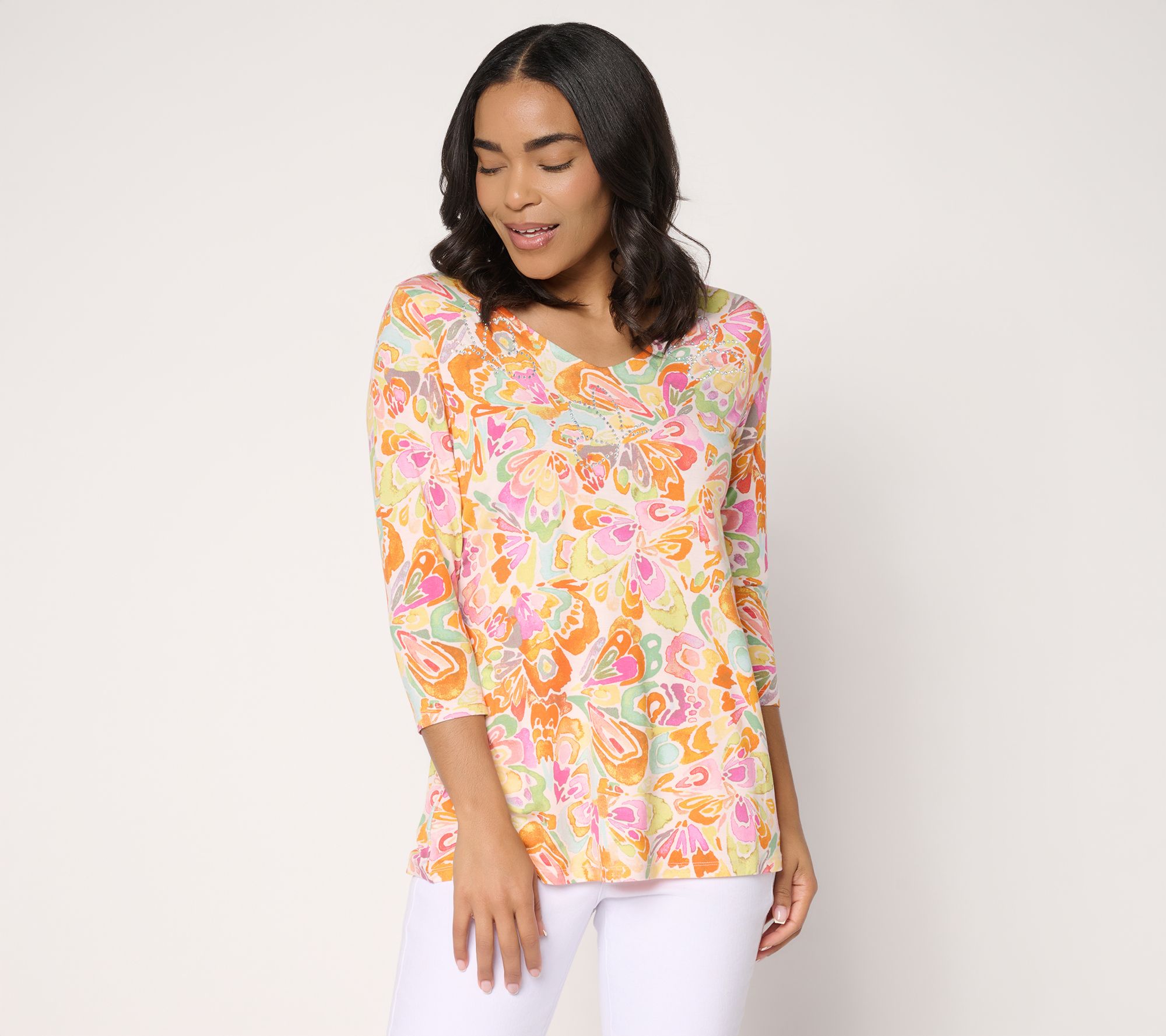  Quacker Factory Kaleidoscope Butterfly Embellished 3/4 Sleeve Top