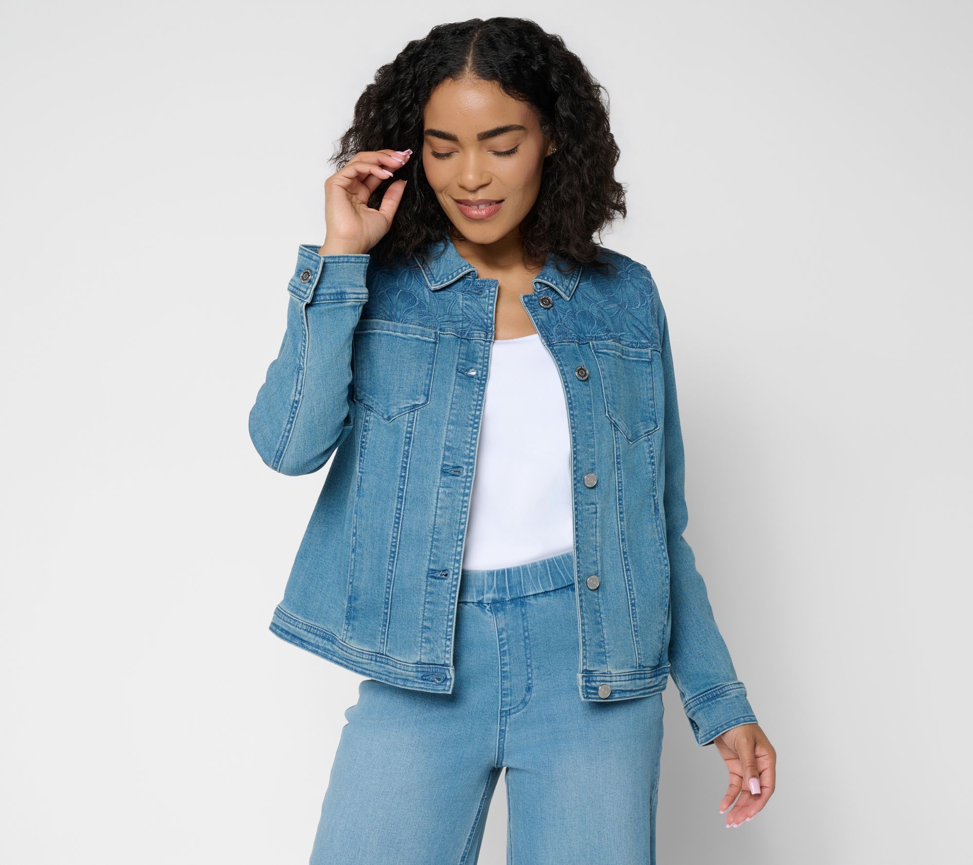 Susan Graver Stretch Denim Jacket with Novelty Embroidery