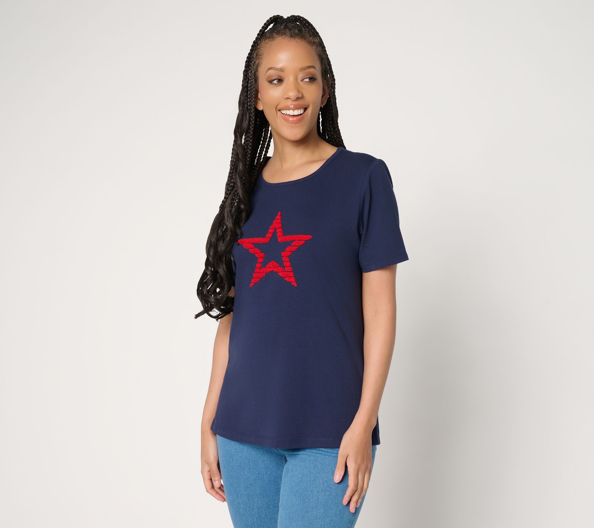 Denim & Co. Perfect Jersey Short Sleeve Top with Americana Motif