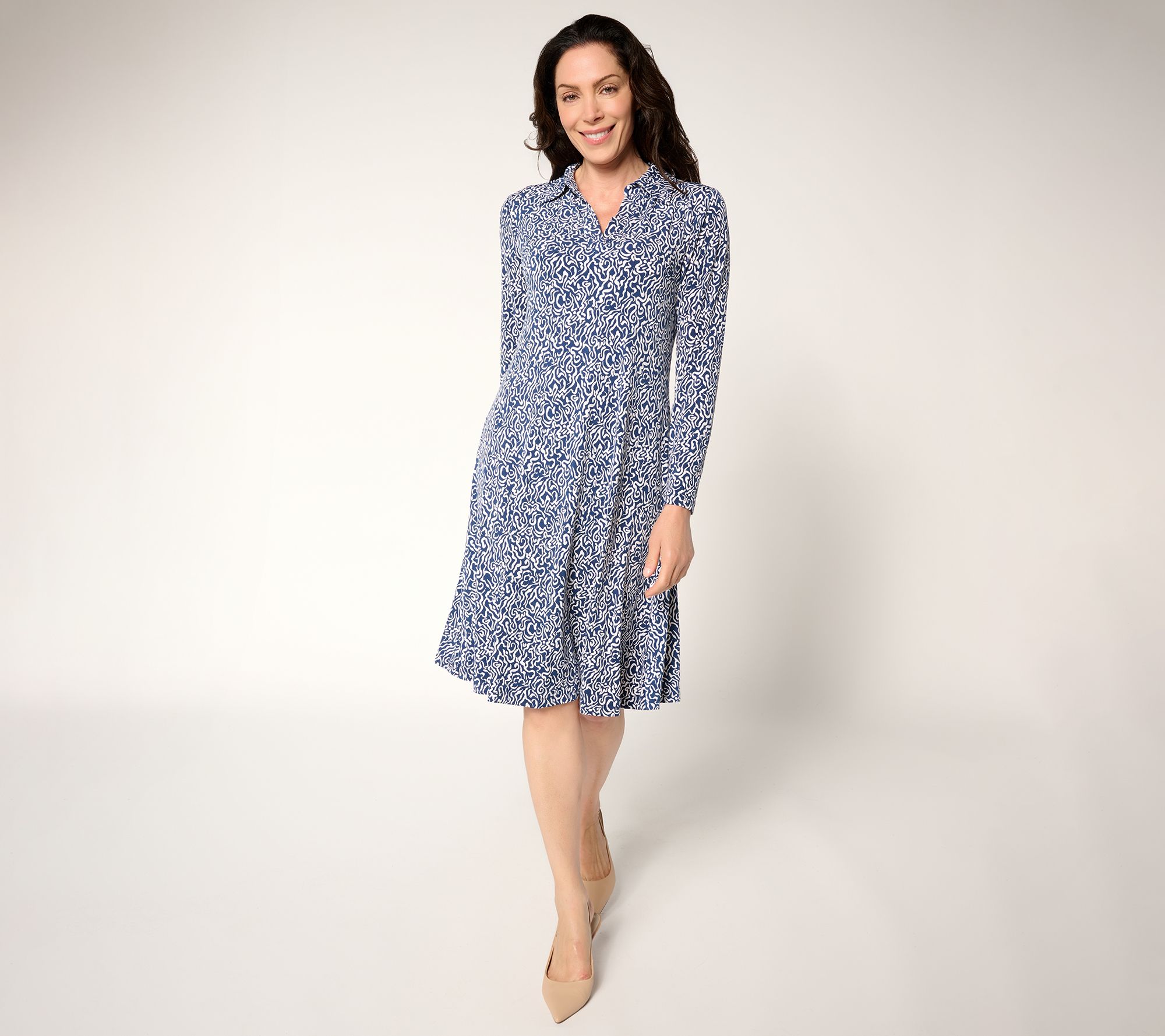 "As Is" Susan Graver Petite Printed Liquid Knit Collared Midi Dress