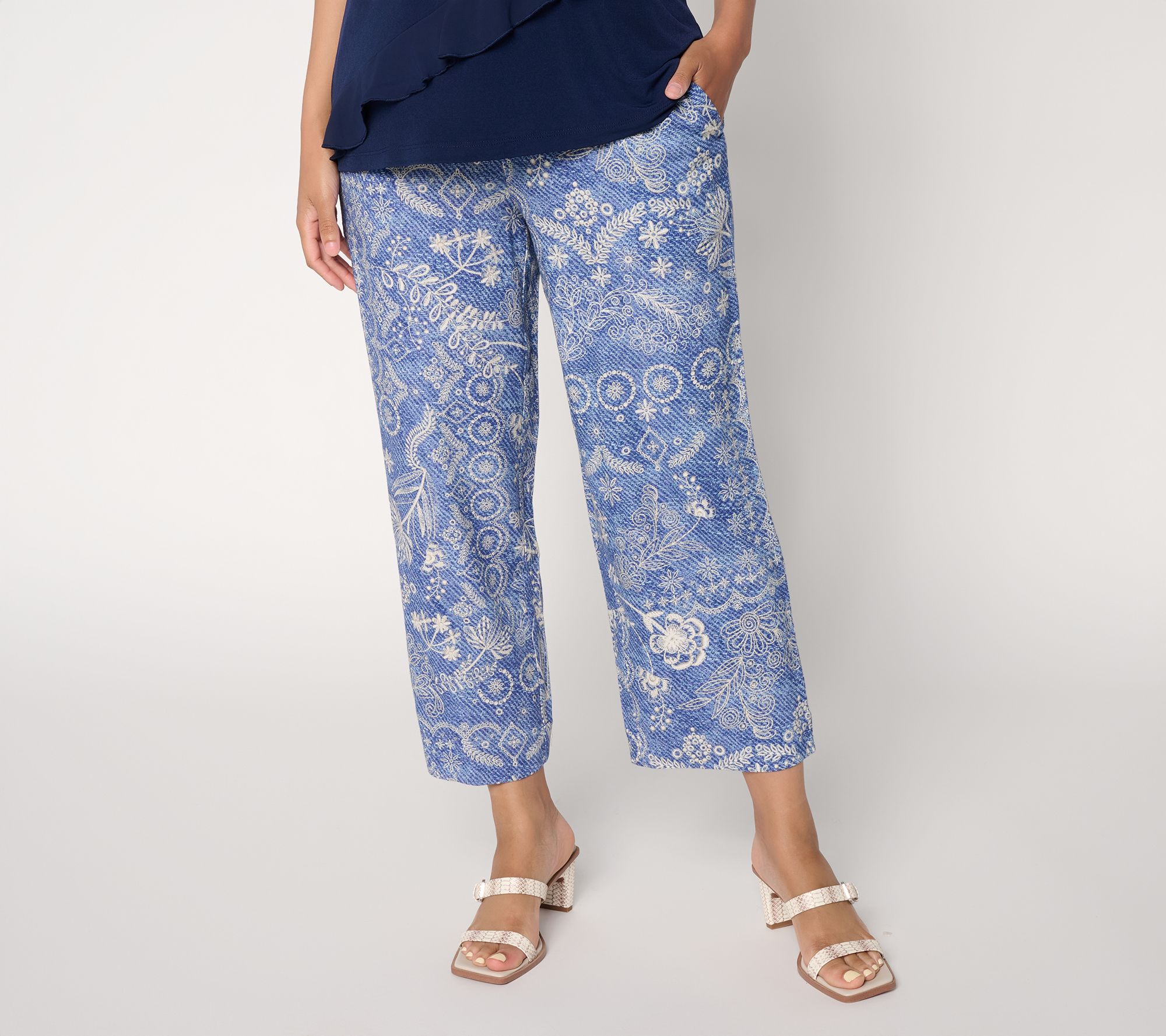 Susan Graver Weekend Petite Printed Linen Blend Wide Leg Crop Pants