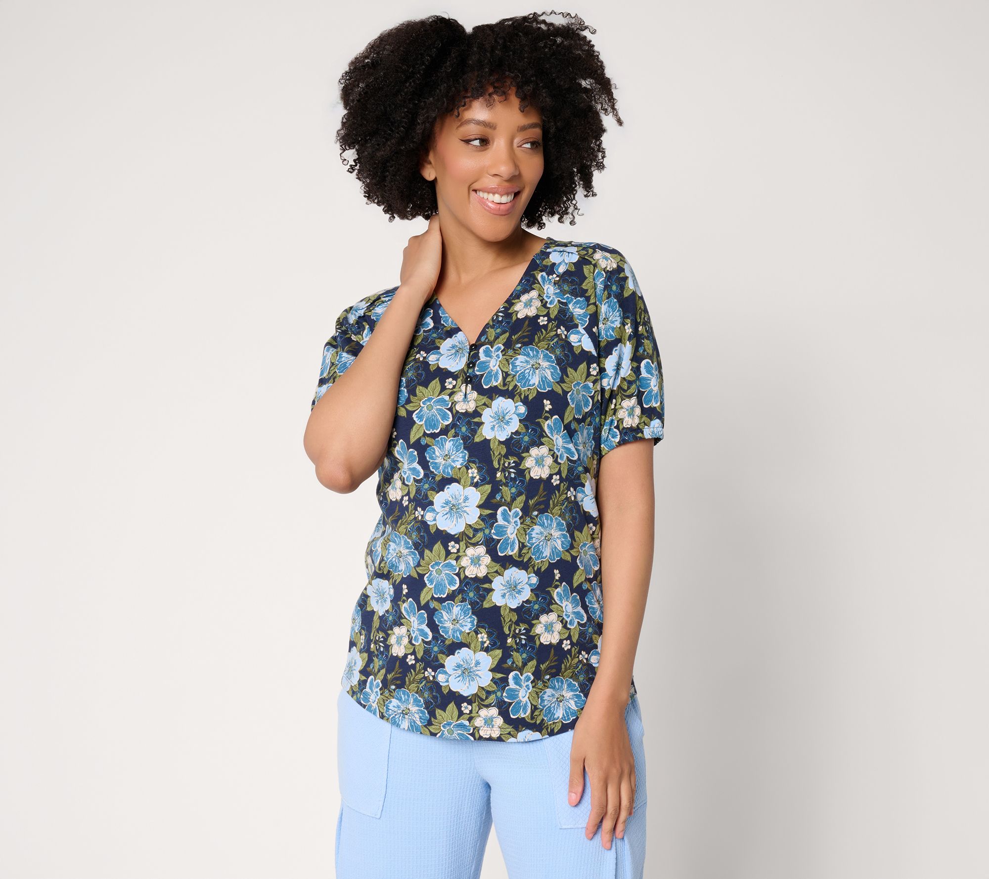 AnyBody Cozy Knit Jersey Printed Puff Sleeve Top
