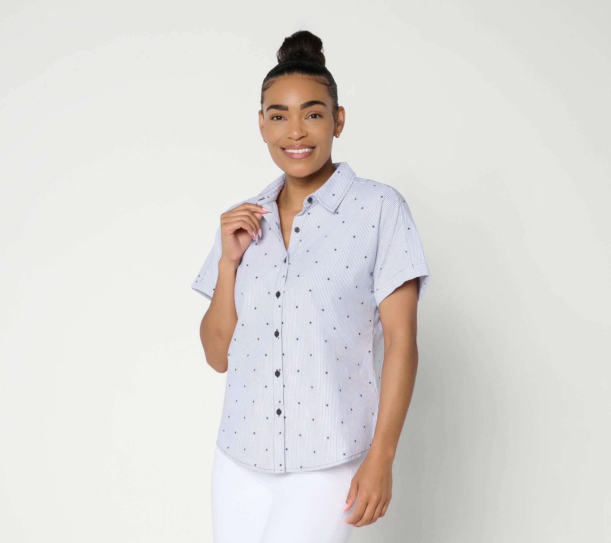 Joan Rivers Striped Oxford Modern Fit Button Front Shirt