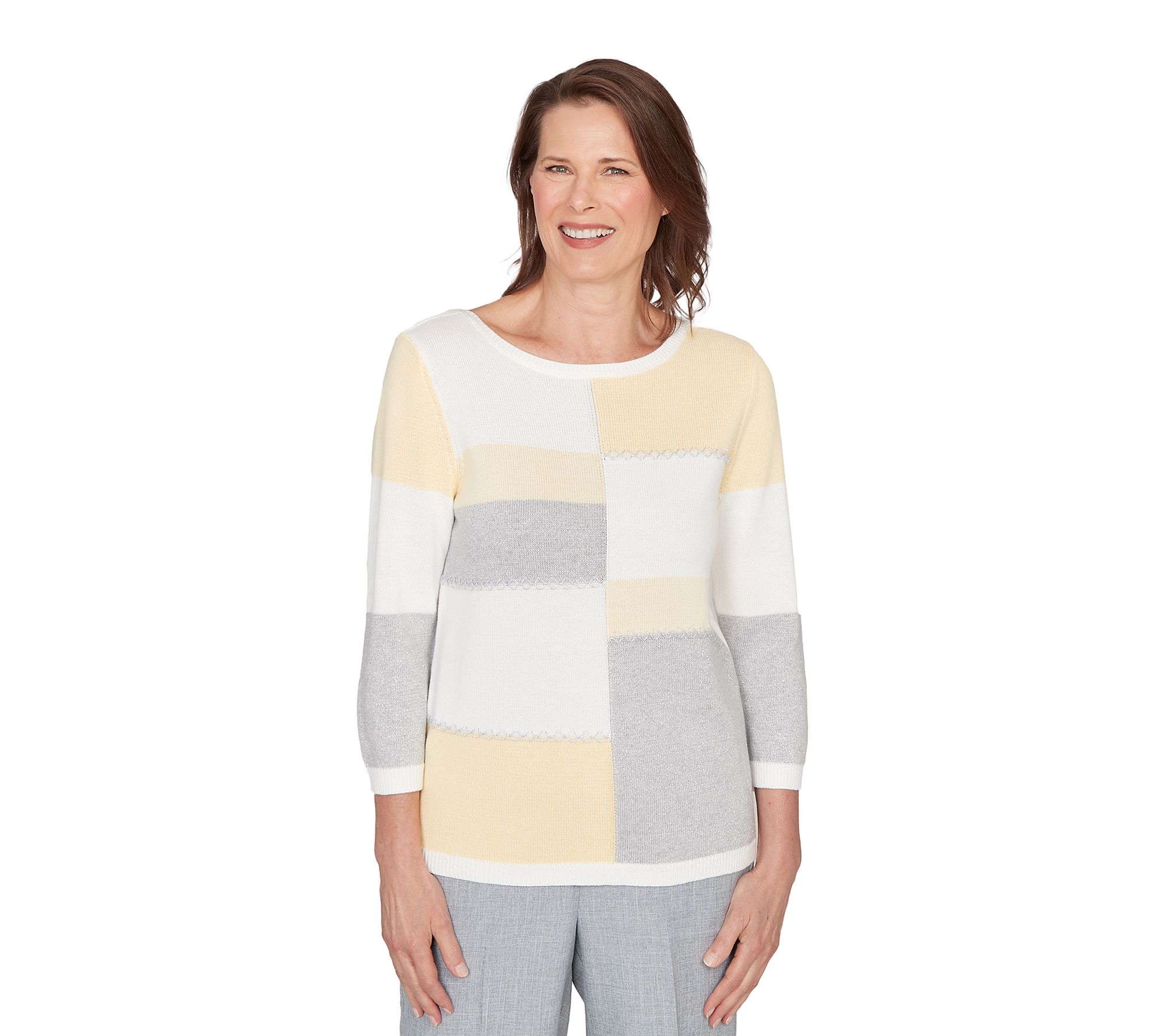 Alfred Dunner Petite Ribbed Colorblock Jewel Neck Sweater - QVC.com