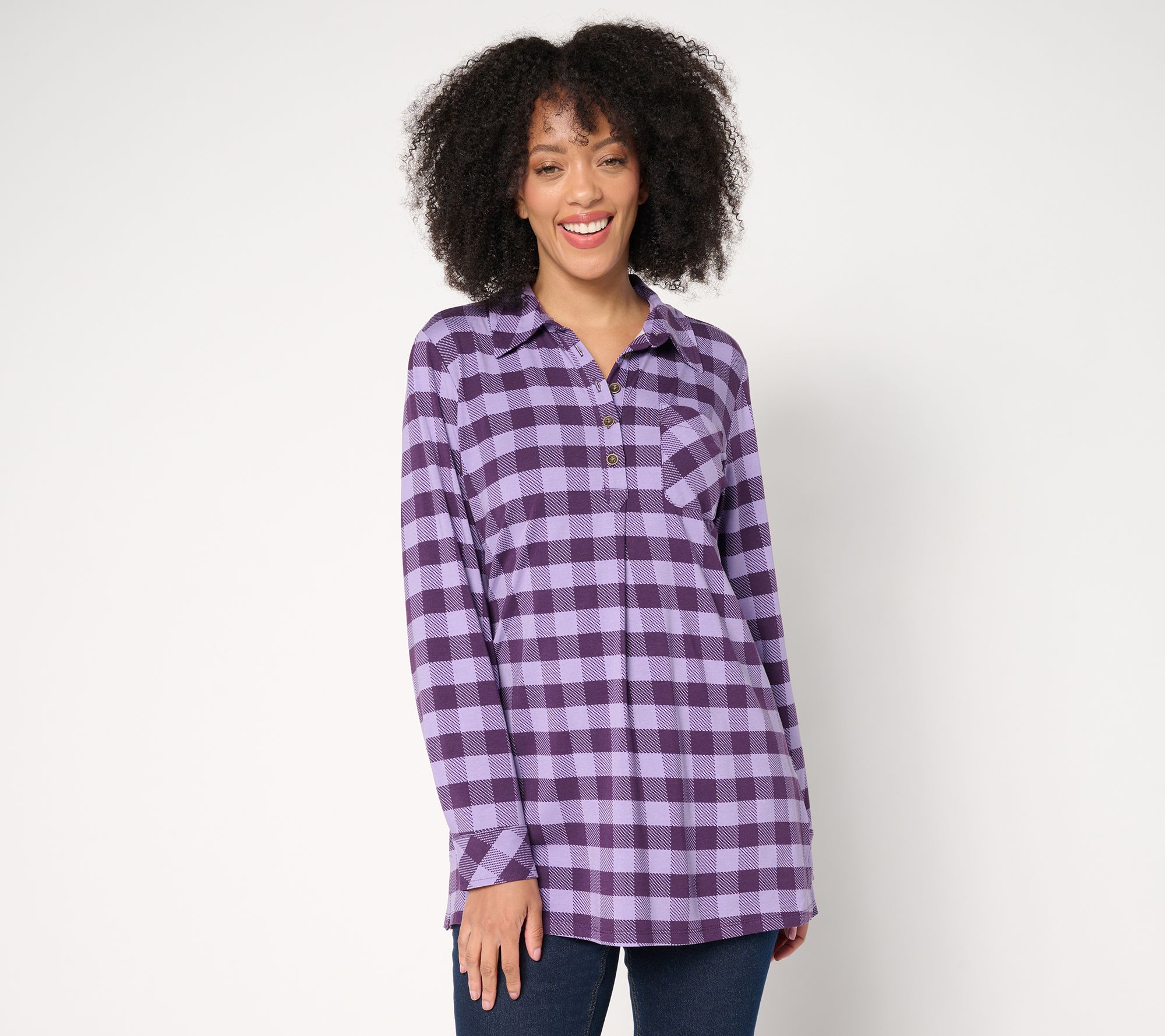 "As Is" Denim & Co. Petite Buffalo Check So Soft Jersey Henley Tunic