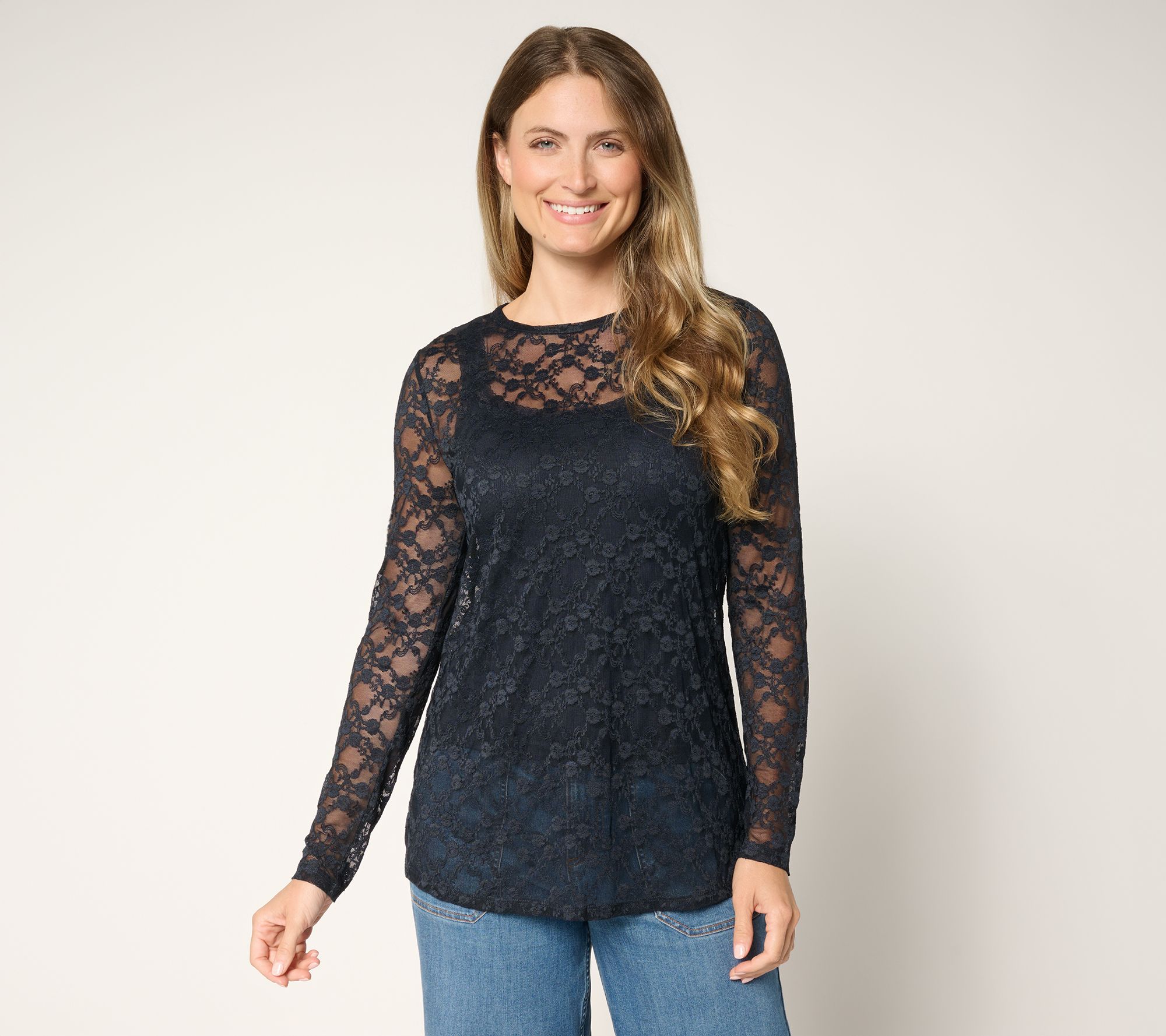 "As Is" LOGO Layers by Lori Goldstein Stretch Lace Long Slv Top