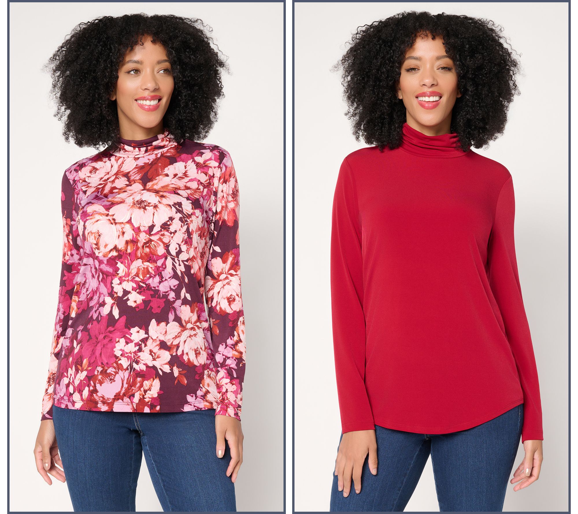 "As Is" Susan Graver Set of 2 Liquid Knit Print & Solid Turtleneck Tops