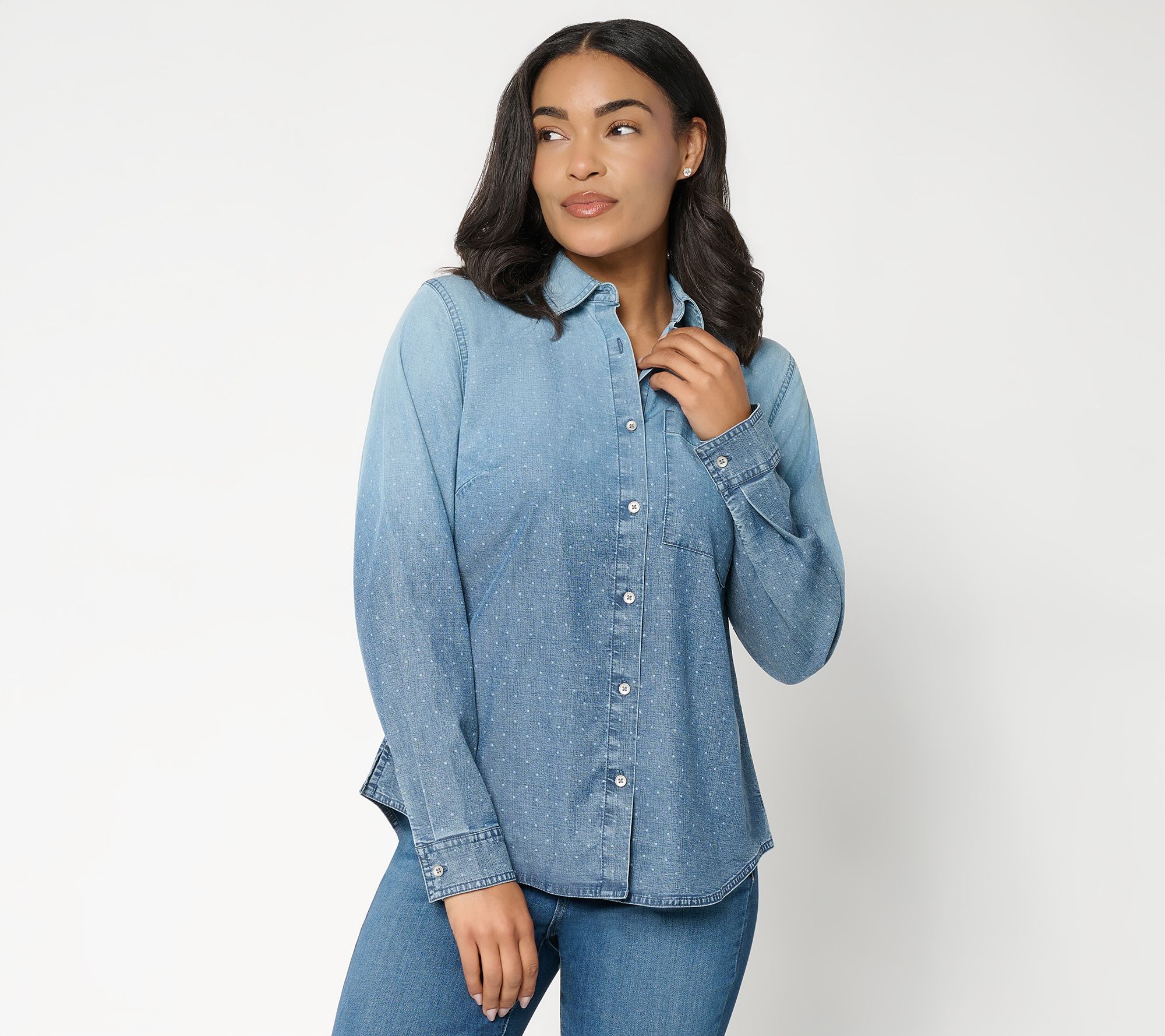 Joan Rivers Regular Dip Dye Pin Dot Button Front Modern Fit Shirt