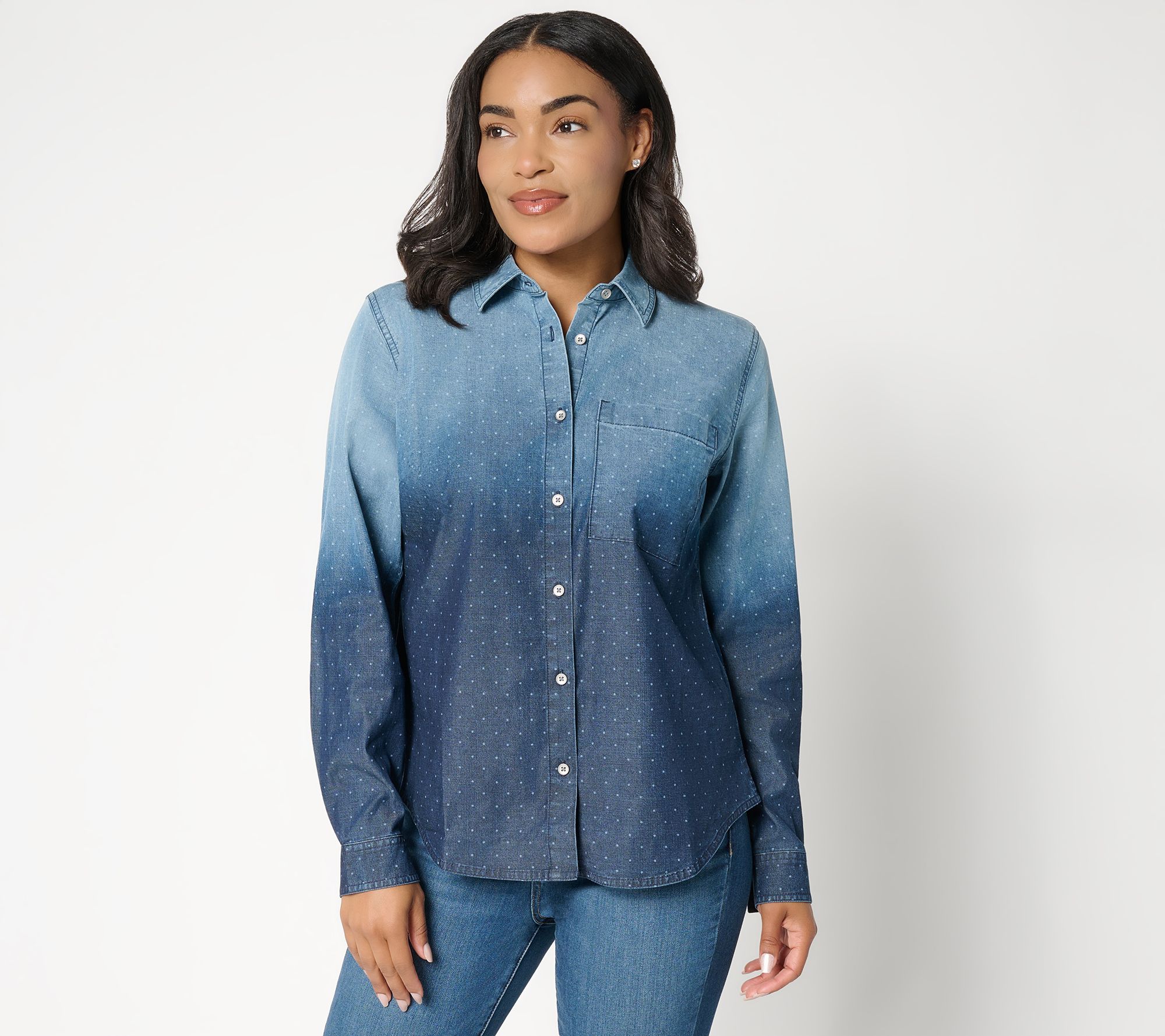 Joan Rivers Dip Dye Pin Dot Button Front Tencel Woven Top