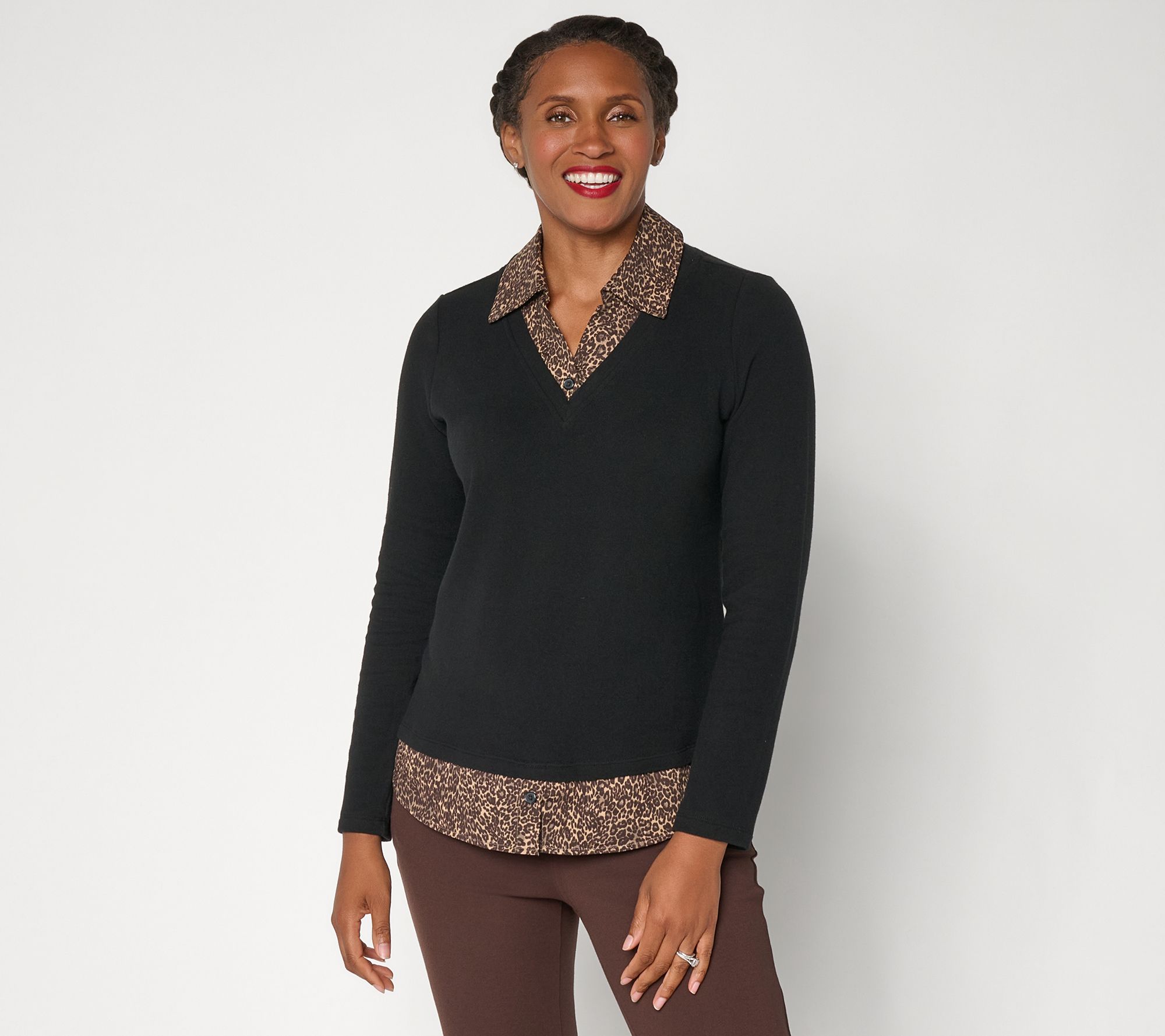 Belle by Kim Gravel Knit V Neck with Leopard Blouse Inset