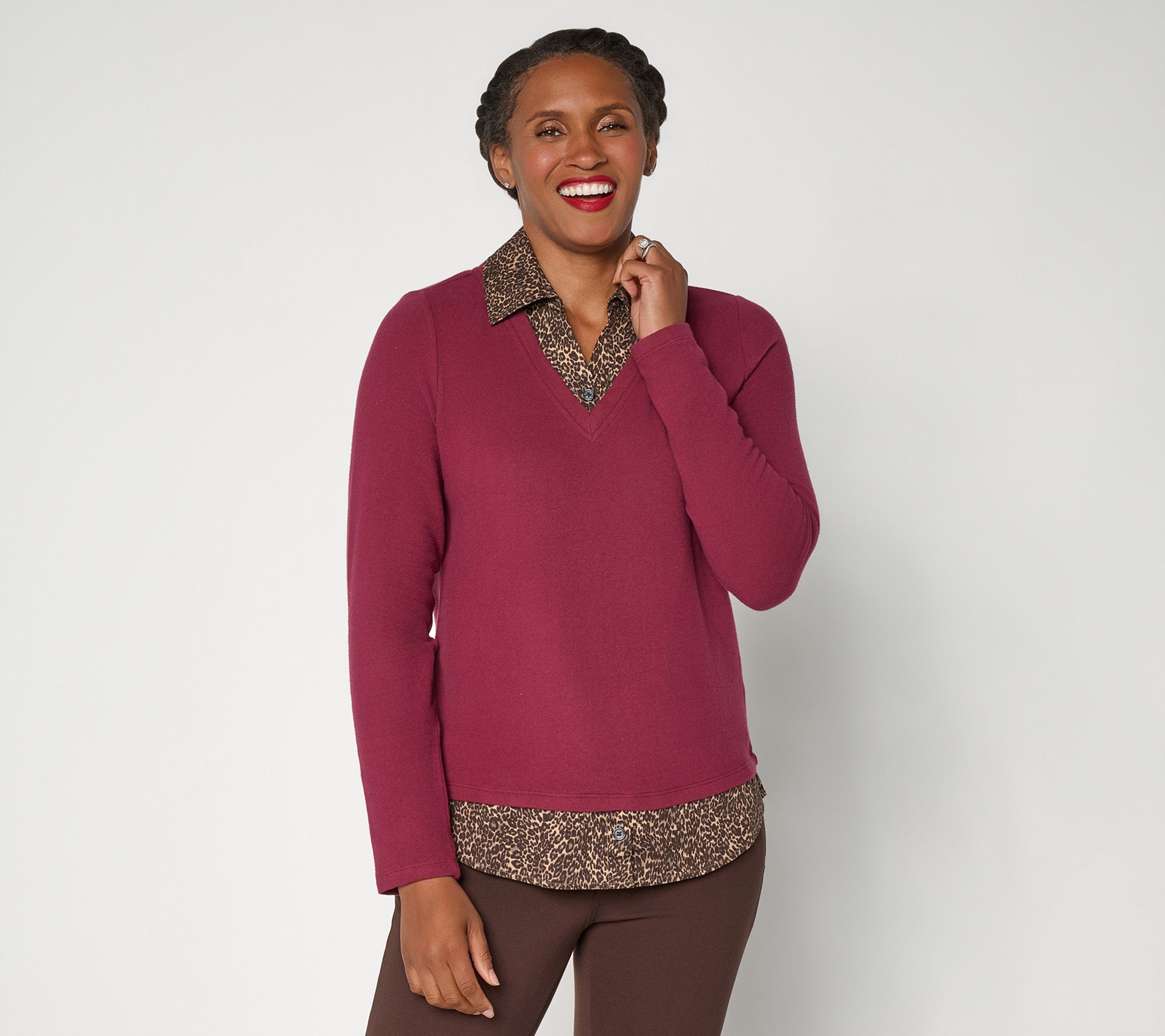 Belle by Kim Gravel Knit V Neck with Leopard Blouse Inset