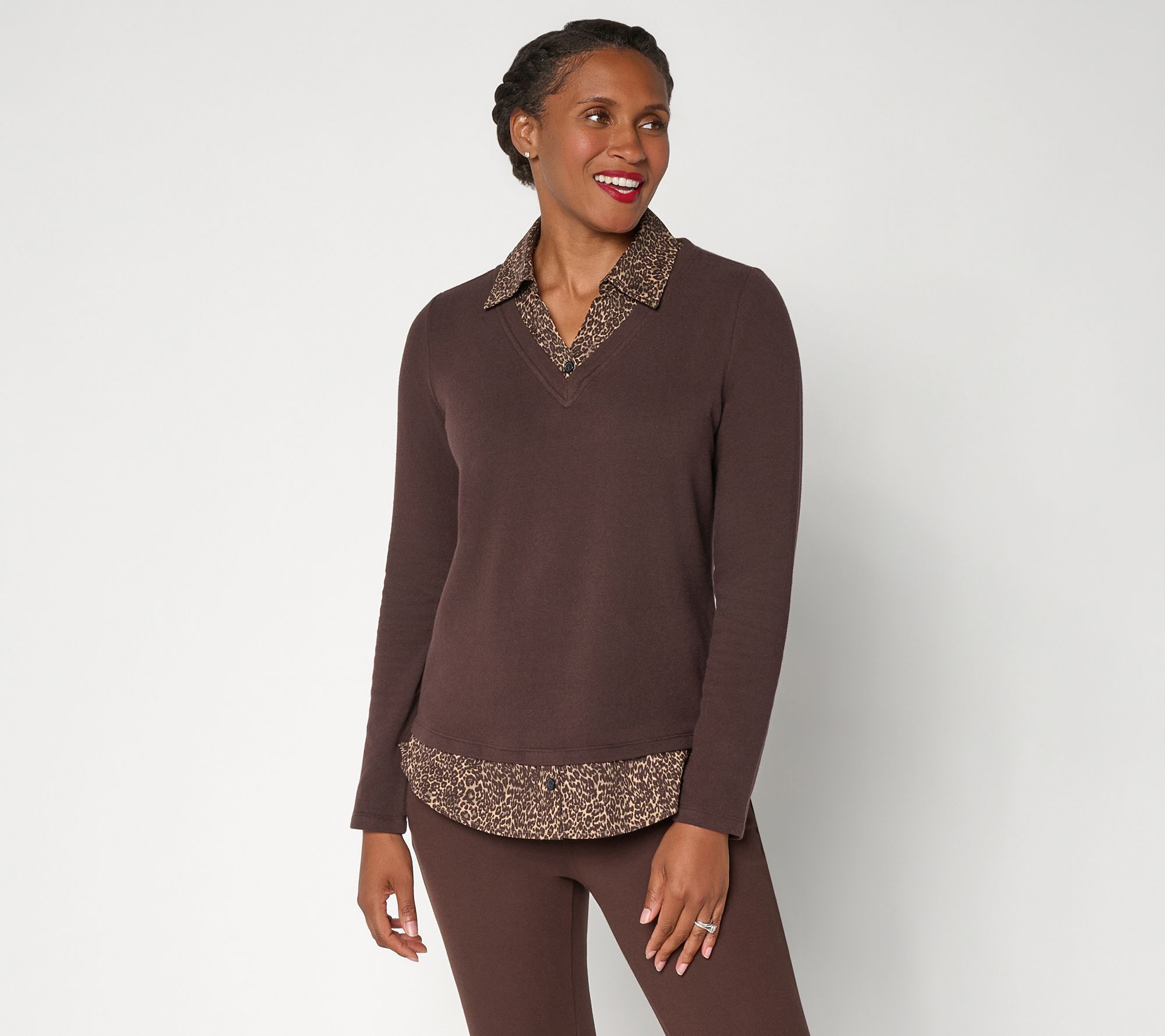 Belle by Kim Gravel Knit V Neck with Leopard Blouse Inset