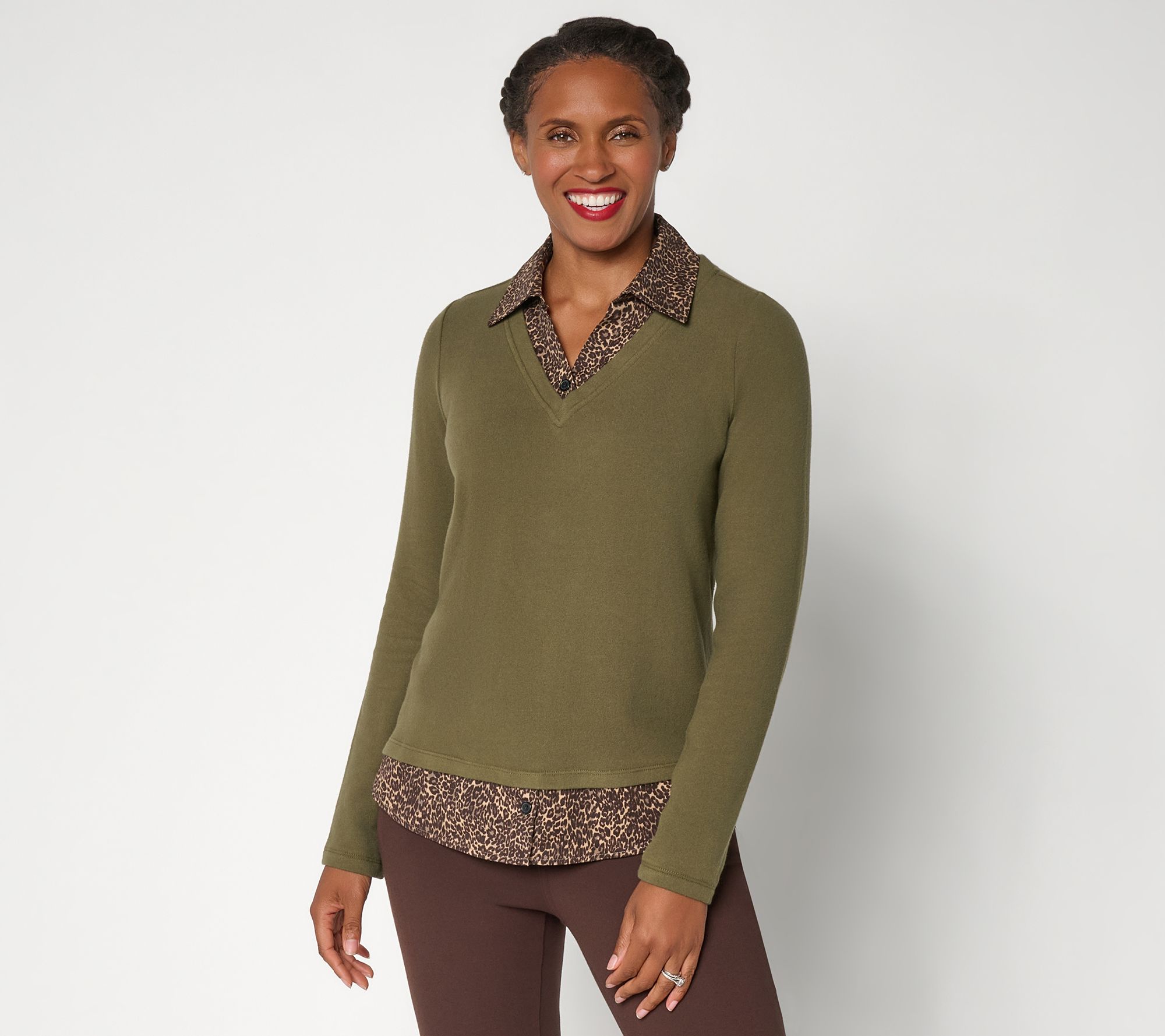 Belle by Kim Gravel Knit V Neck with Leopard Blouse Inset