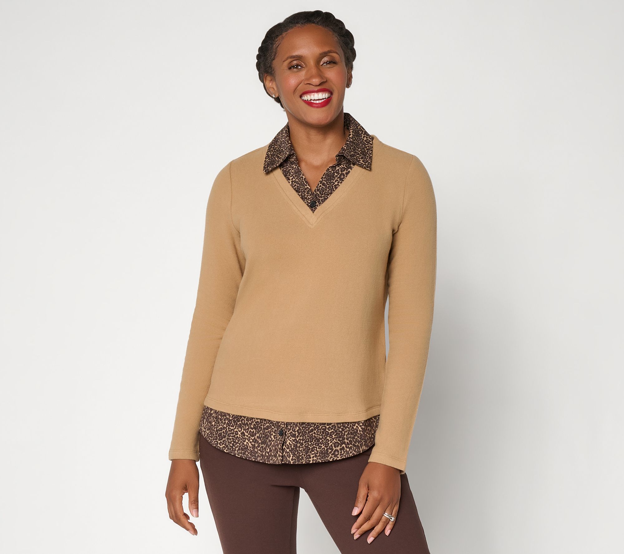 Belle by Kim Gravel Knit V Neck with Leopard Blouse Inset