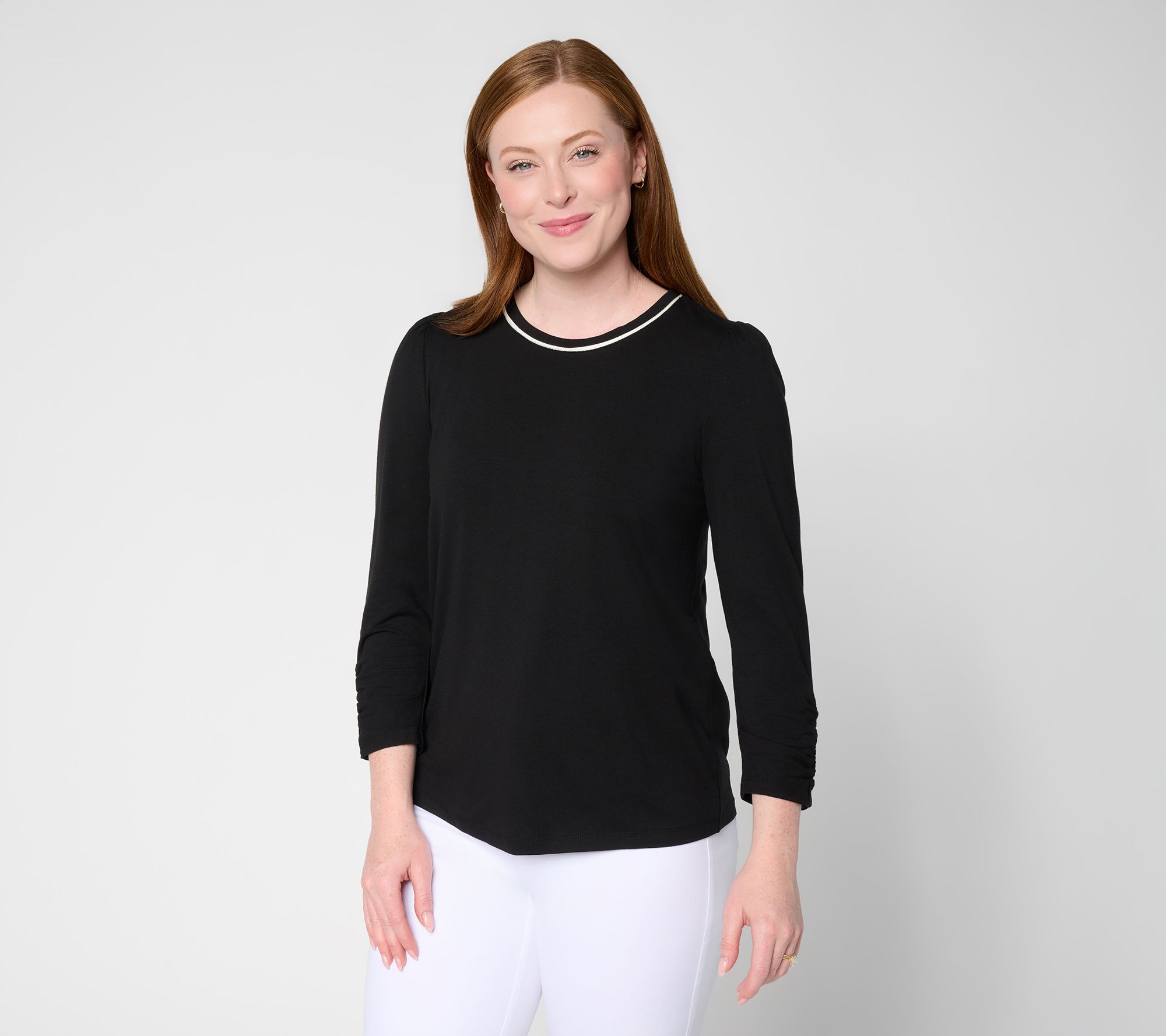 Susan Graver Rayon Allure Knit Ruched Sleeve Top with Piping