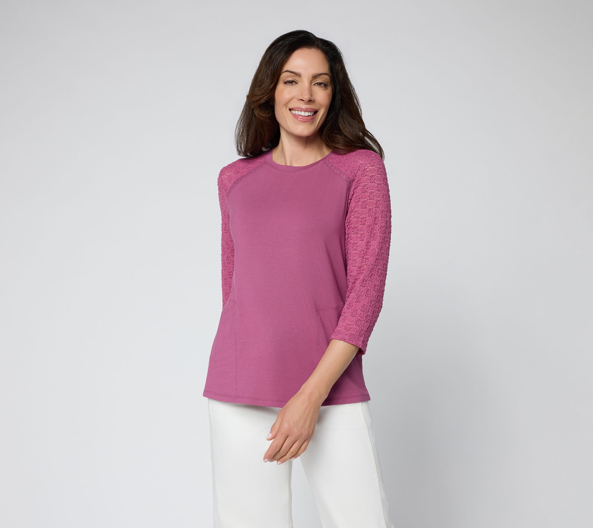 LOGO by Lori Goldstein Rayon 230 Mixed Media 3/4 Sleeve Top