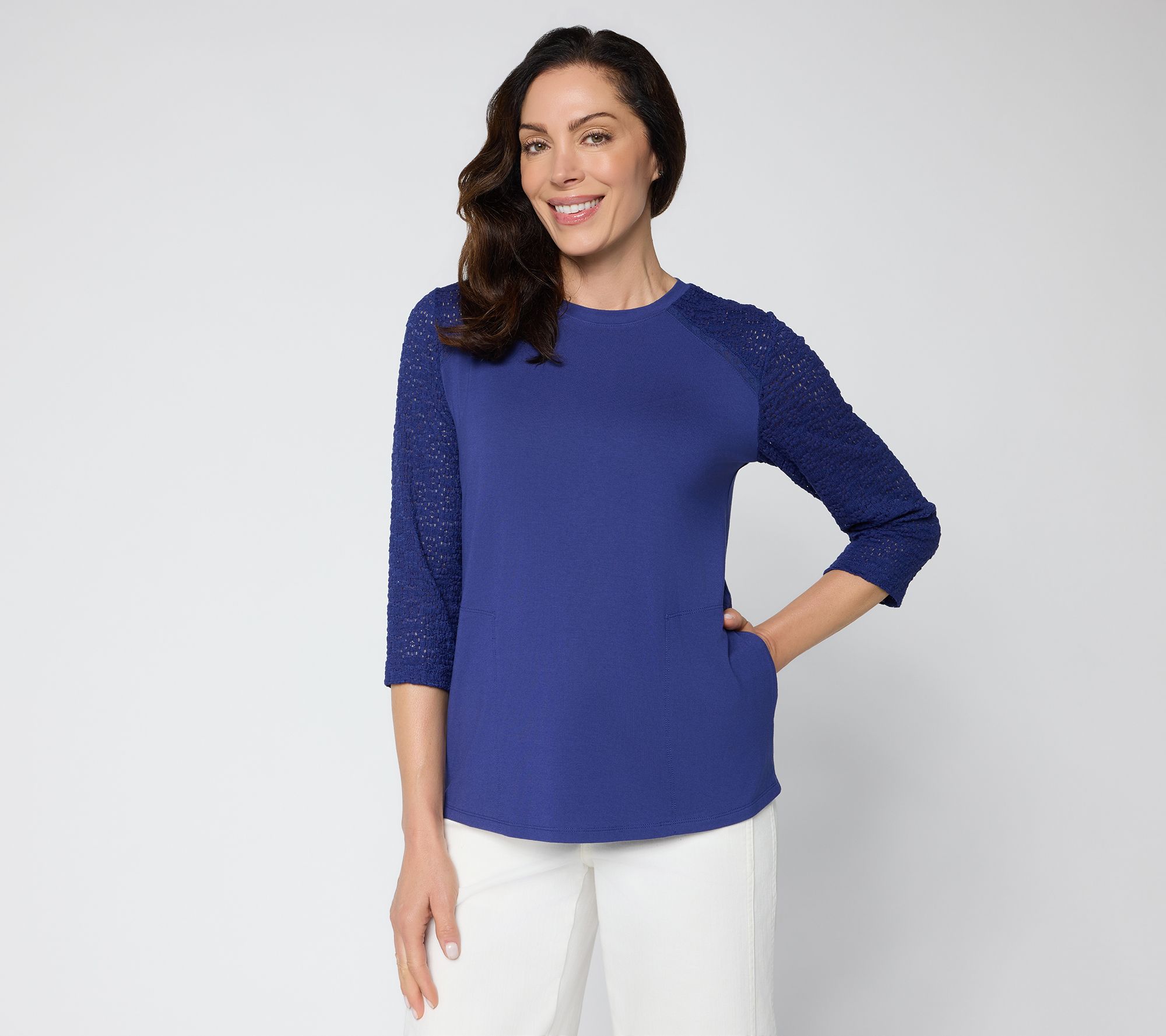 LOGO by Lori Goldstein Rayon 230 Mixed Media 3/4 Sleeve Top