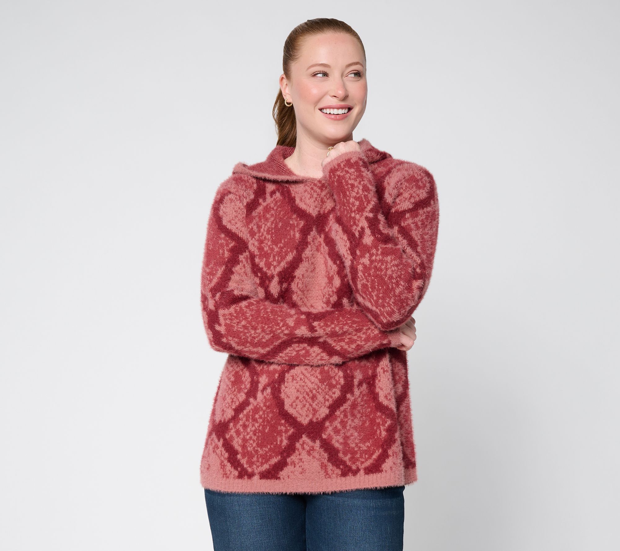 Me by Jennie Garth Pullover Snakeskin Print Hooded Sweater