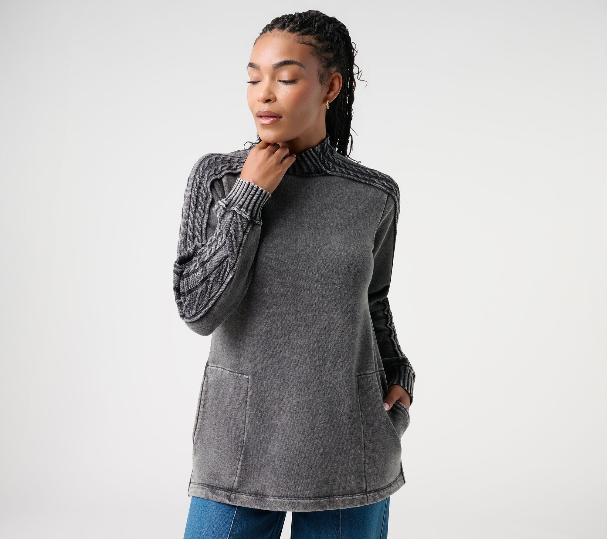 LOGO by Lori Goldstein Petite Mock Neck Mixed Media Top