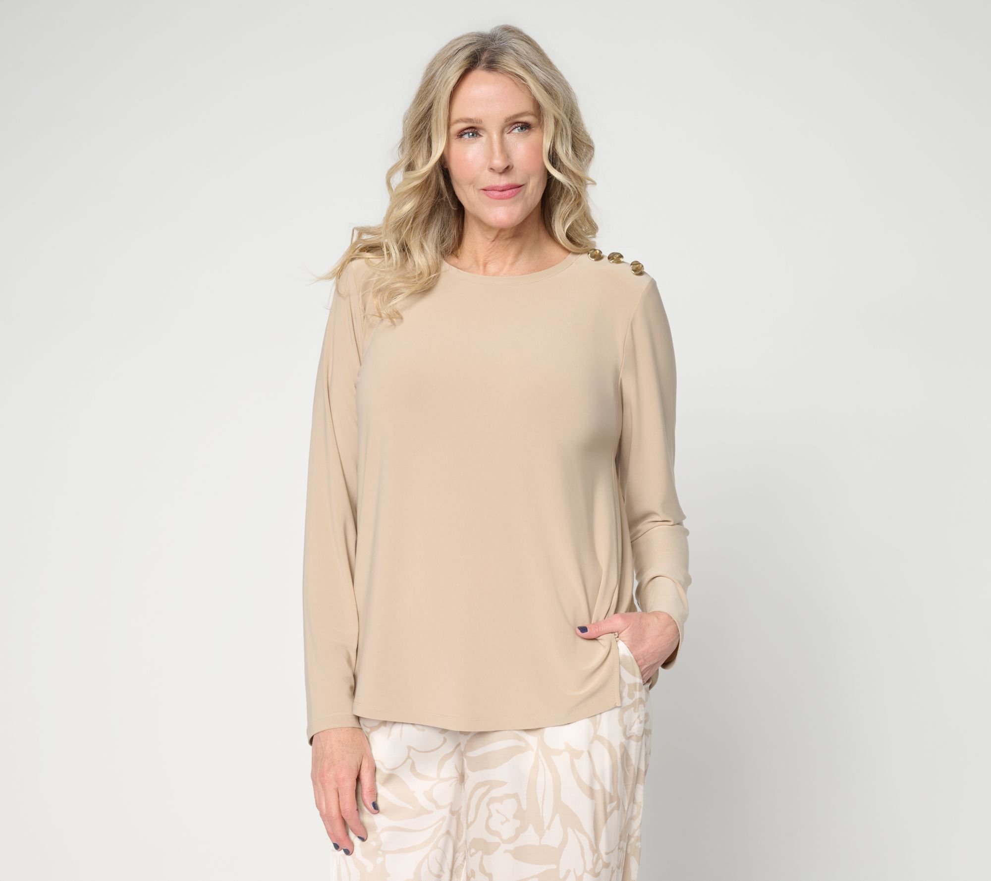 "As Is" Dennis Basso Italia Knit Bateau Neck Top with Gold Buttons