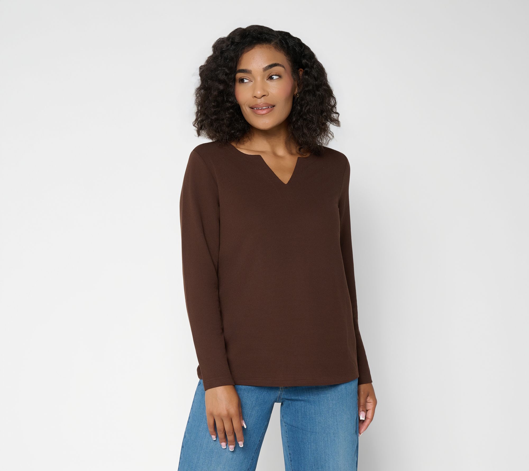 Susan Graver Weekend Brushed Waffle Knit Split Neck Top