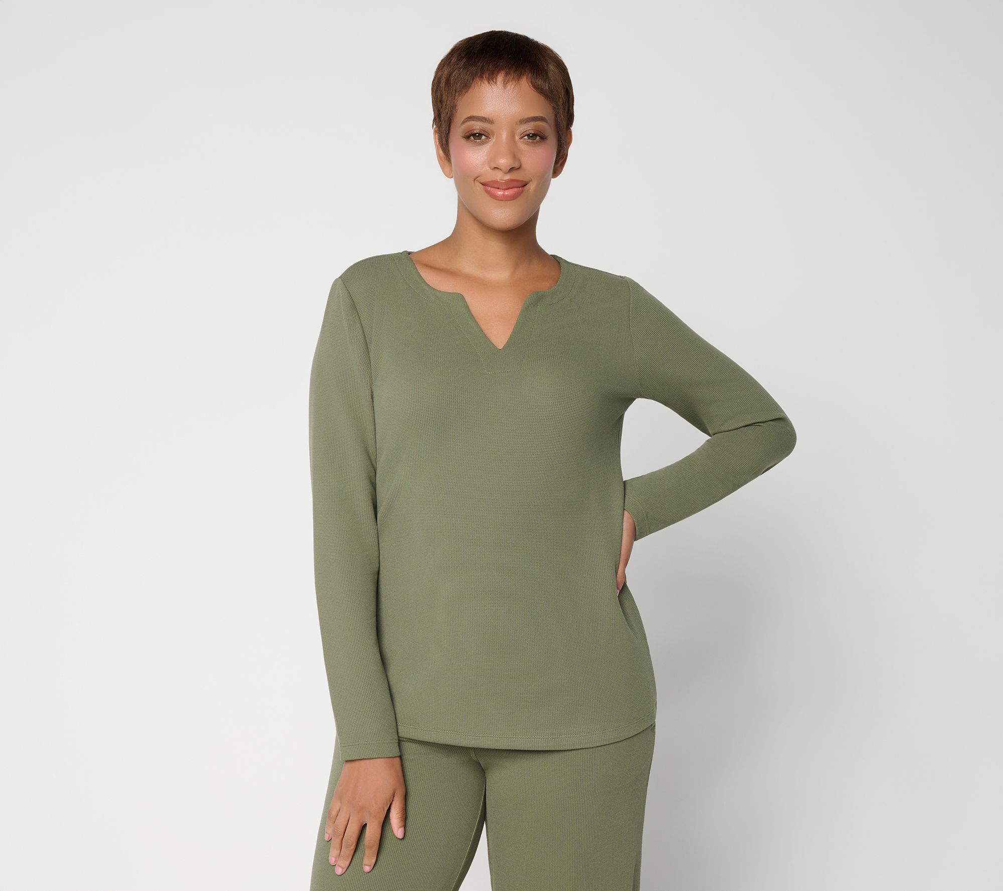 Susan Graver Weekend Brushed Waffle Knit Split Neck Top