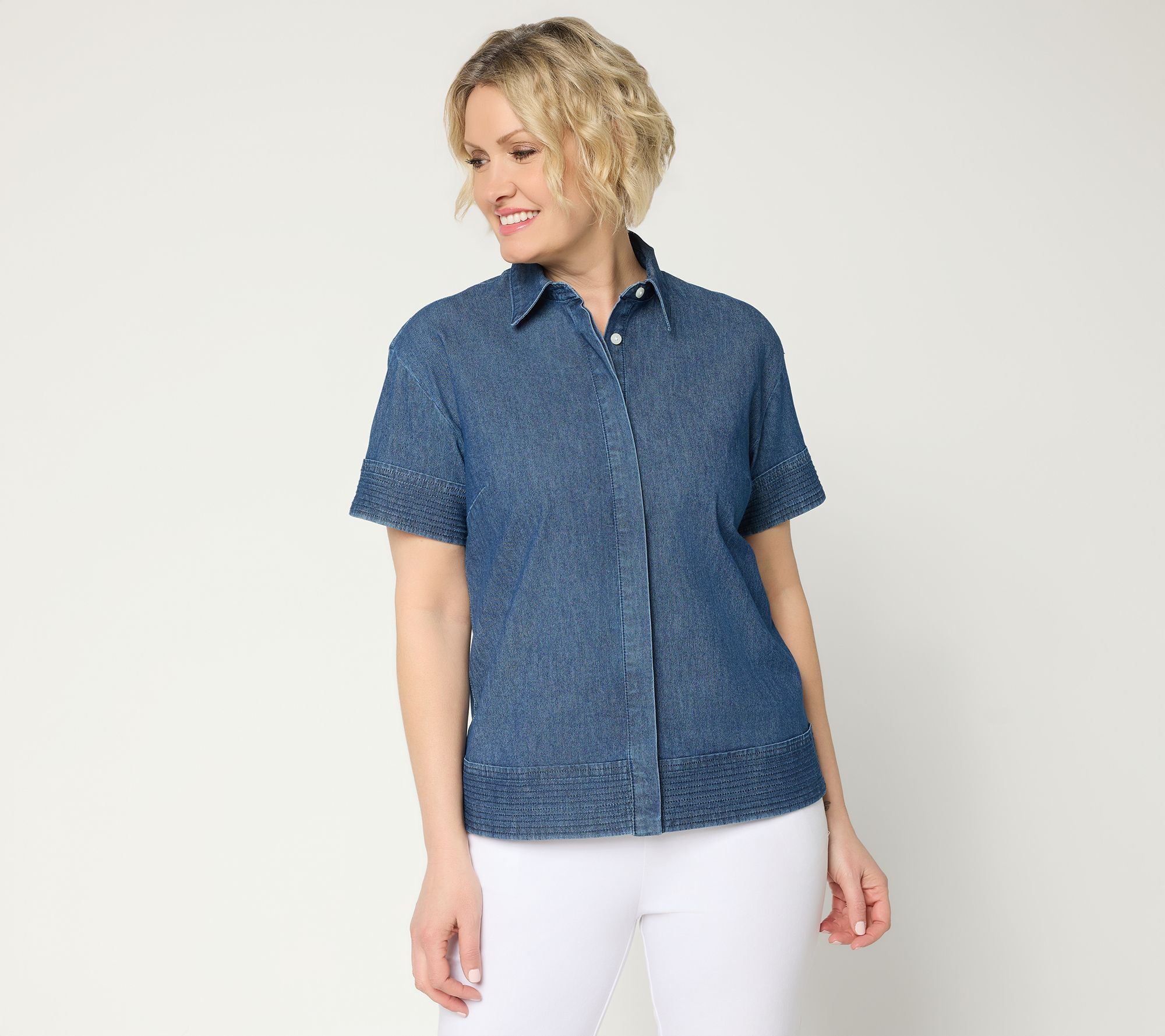 "As Is" Susan Graver Shoreline Denim Short Sleeve Denim Shirt