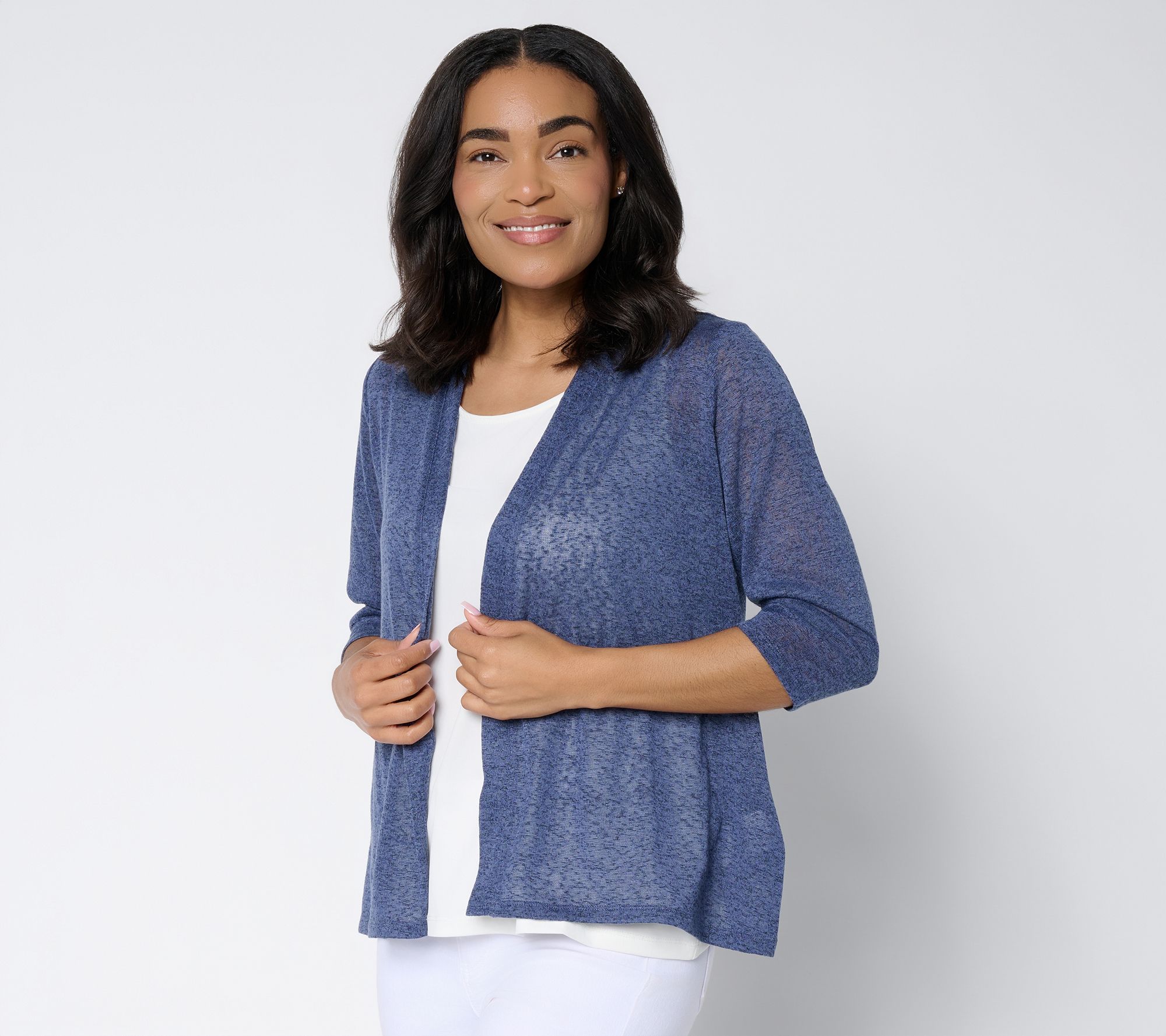 "As Is" Denim & Co. Slub Knit Open Front 3/4- Sleeve Cardigan