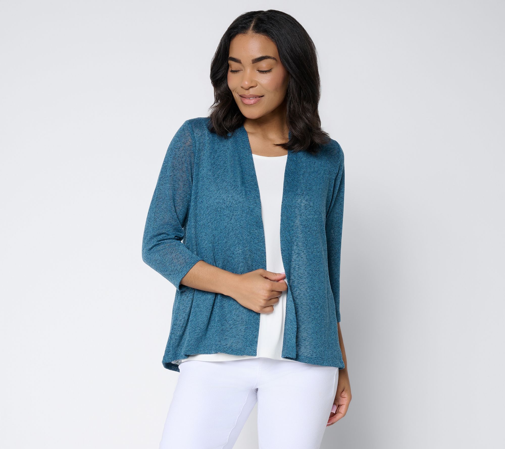 "As Is" Denim & Co. Slub Knit Open Front 3/4- Sleeve Cardigan