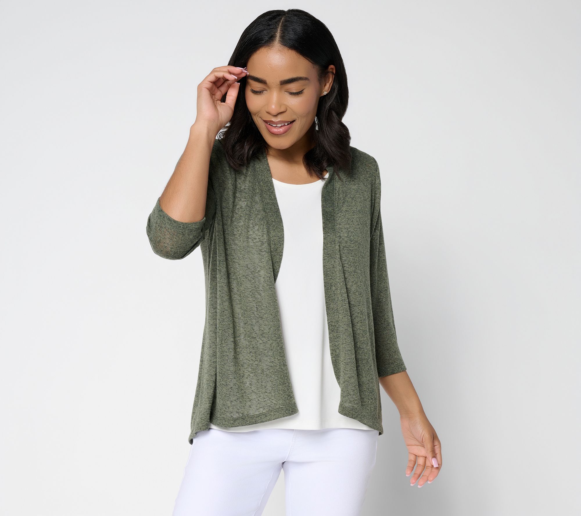 "As Is" Denim & Co. Slub Knit Open Front 3/4- Sleeve Cardigan