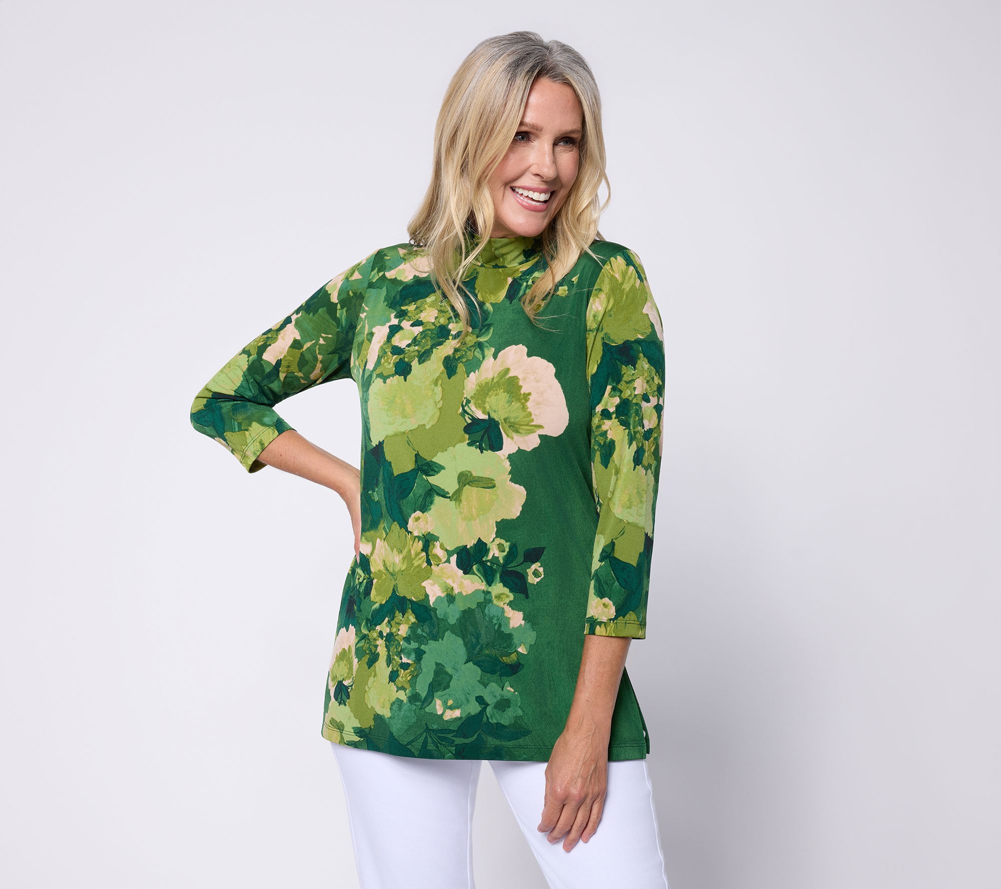 "As Is" Susan Graver Petite Printed Liquid Knit Mock Neck Tunic