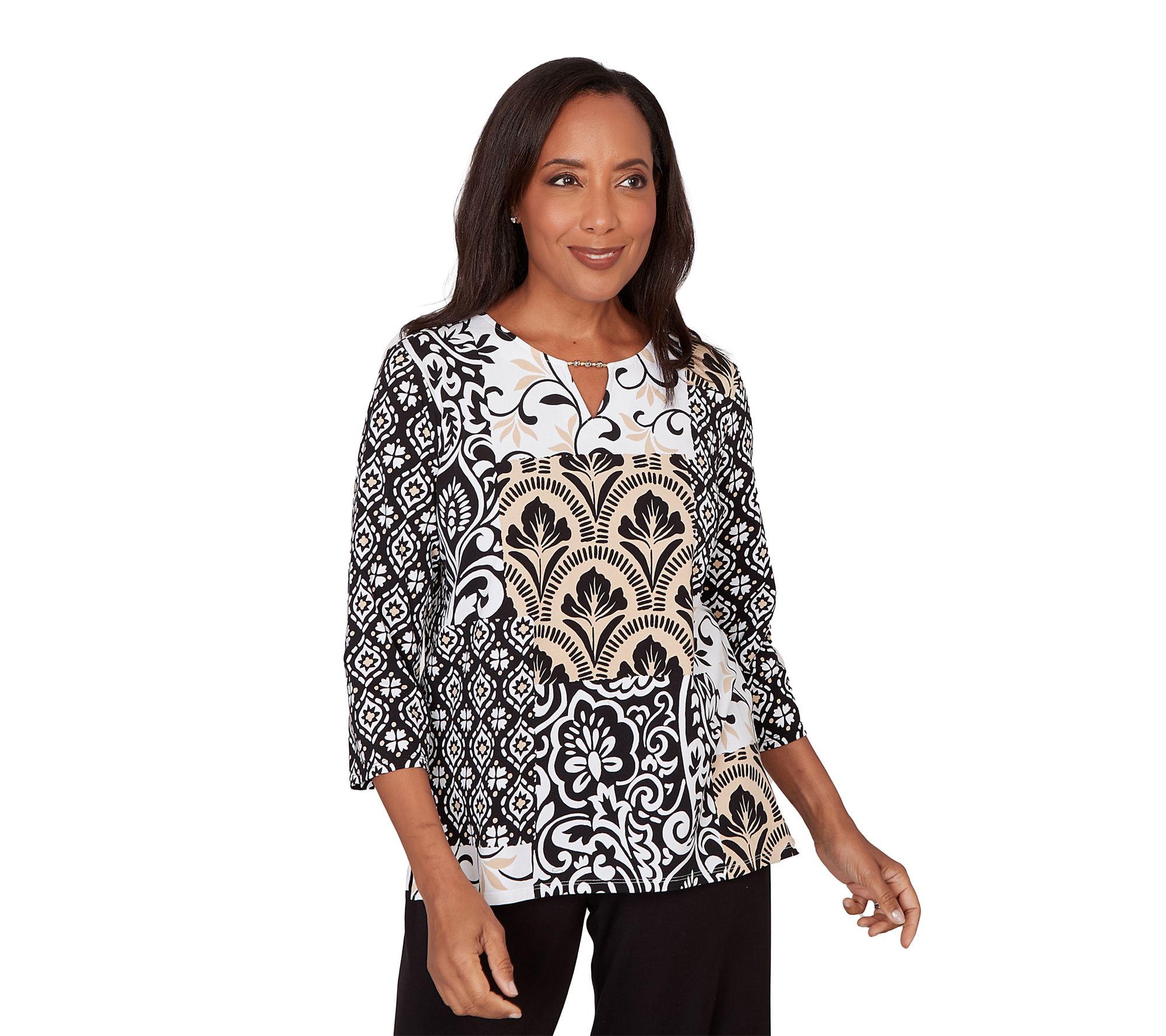 Alfred Dunner Women's Geometric Scroll Patchwork Top
