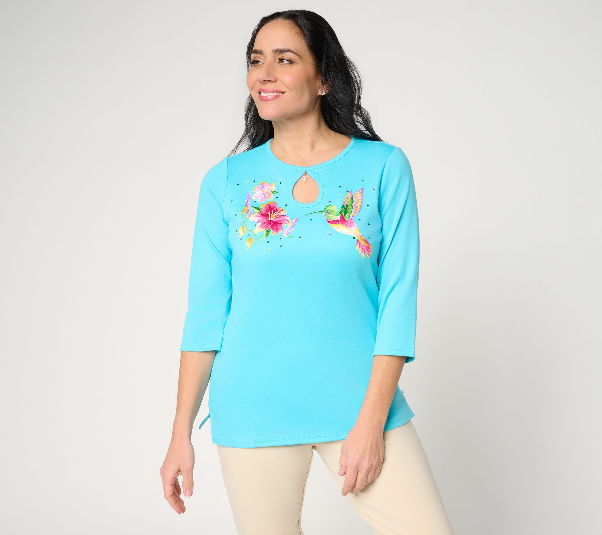 "As Is" Quacker Factory Dixie Hummingbird Keyhole 3/4 Sleeve Top