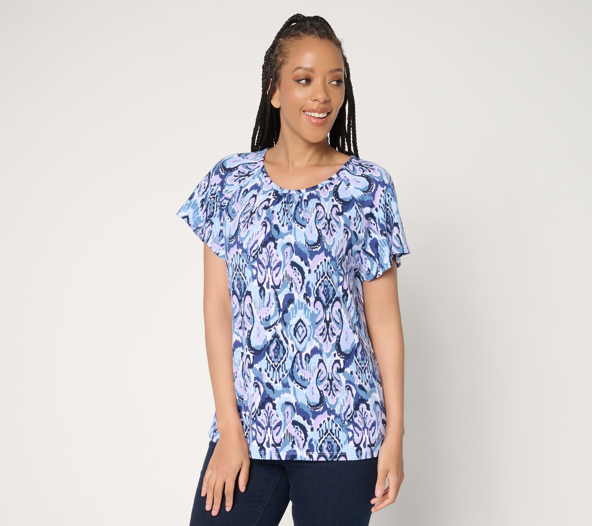 "As Is" Denim & Co. Printed Linen Blend Flutter Sleeve Top