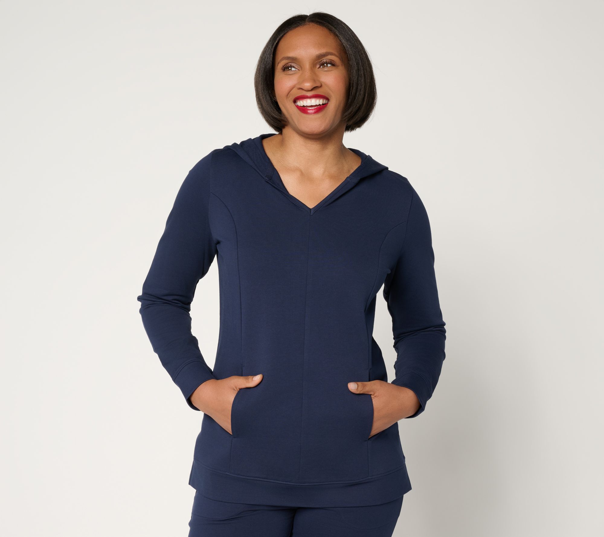 "As Is" Denim & Co. Active French Terry V-Neck Hooded Pullover