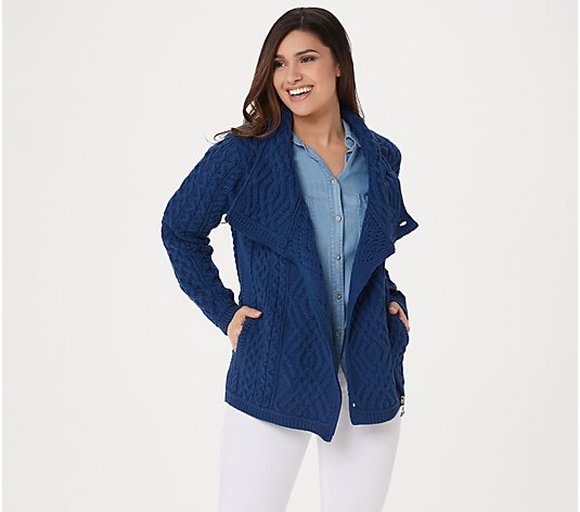 Aran Craft Merino Wool Asymmetrical Zip-Front Sweater