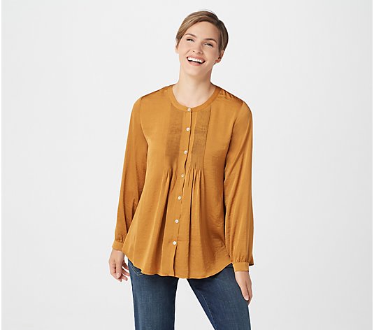 LOGO by Lori Goldstein Woven Satin Blouse with Pintuck Detail