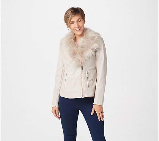 Dennis Basso Faux Leather Zip-Front Moto with Faux Fur Collar