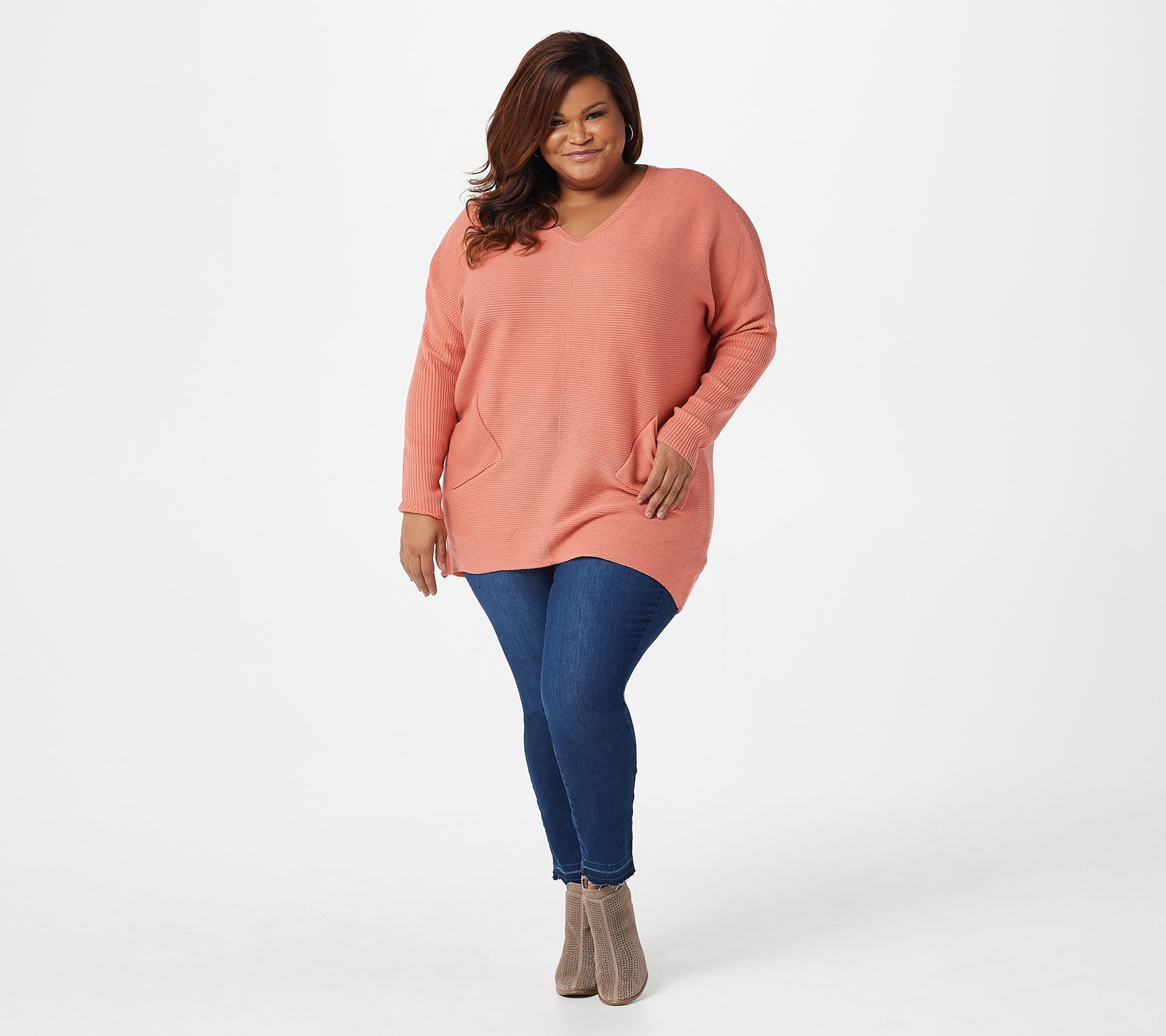 Denim & Co. Long-Sleeve V-Neck Tunic Sweater with Pockets - QVC.com