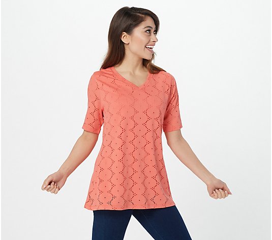 Isaac Mizrahi Live! Knit Eyelet Rounded Swing Top with Elbow Sleeves