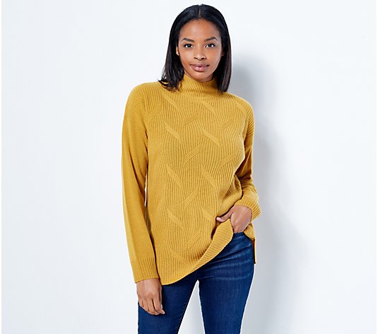 Isaac Mizrahi Live! Cashmere Mock Neck Cable Knit Sweater