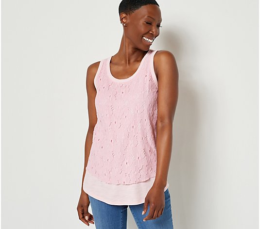 Belle by Kim Gravel Slub Knit Tank with Lace Overlay