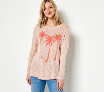 Denim & Co, Beach Palm Tree Print Slub Knit Sweater - A511171