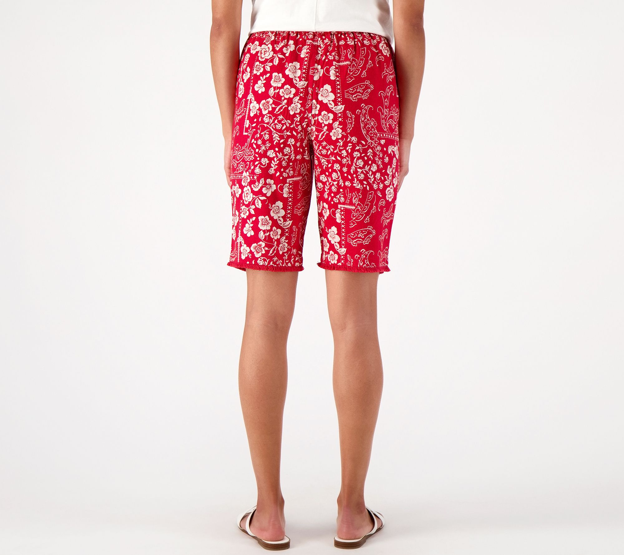 Susan Graver PURE Printed Reg Linen Blend Frayed Hem Bermuda Shorts ...