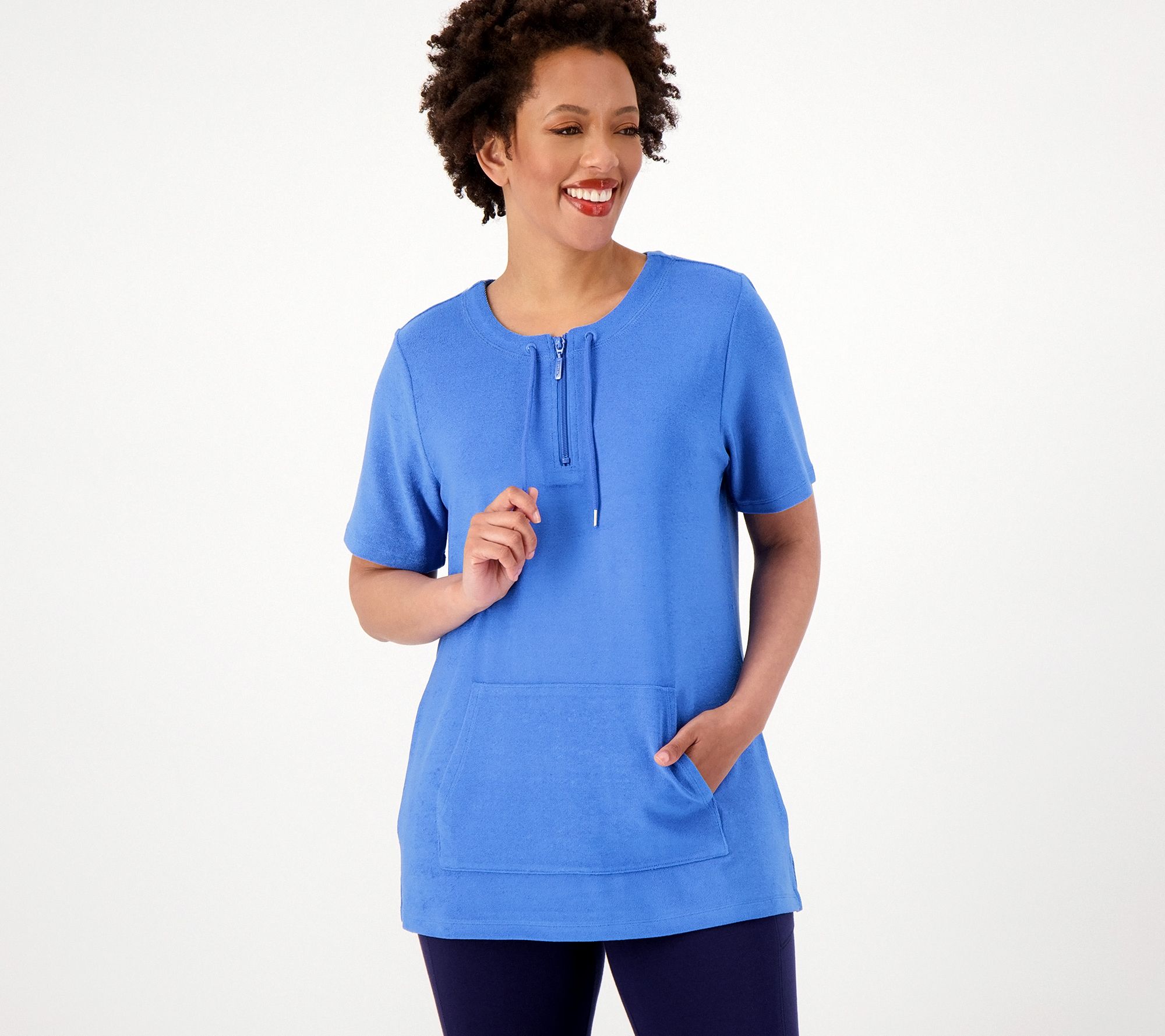 Denim & Co. Active Knit Terry Quarter Zip Short Sleeve Tunic